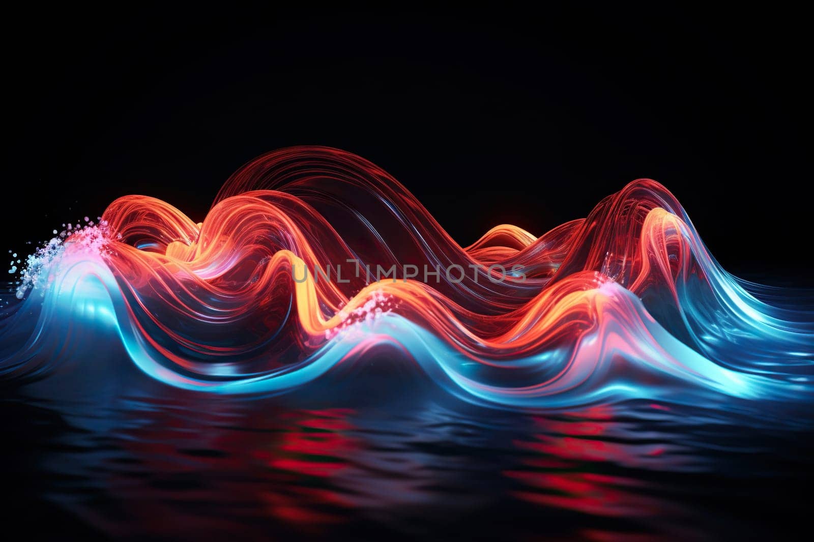 Blue neon wave on a black background. Modern digital background.