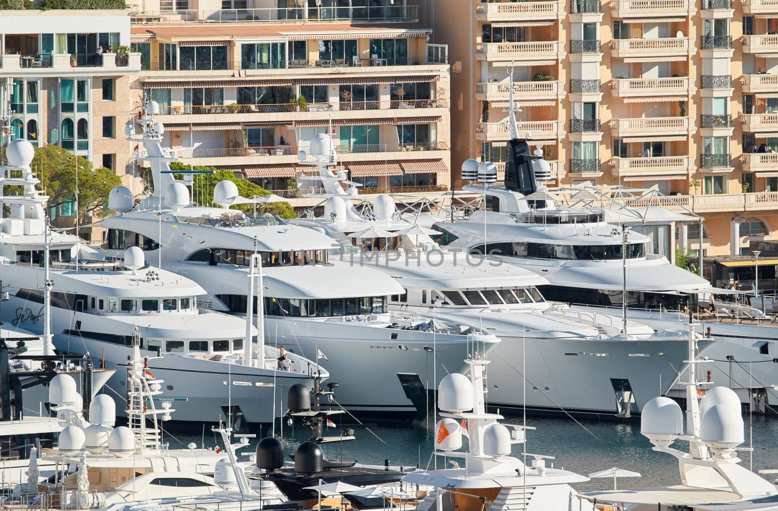 Monaco, Monte Carlo, 01 October 2022 - The famous motorboat exhibition at morning, mega yacht show, novelties of the boating industry. High quality photo