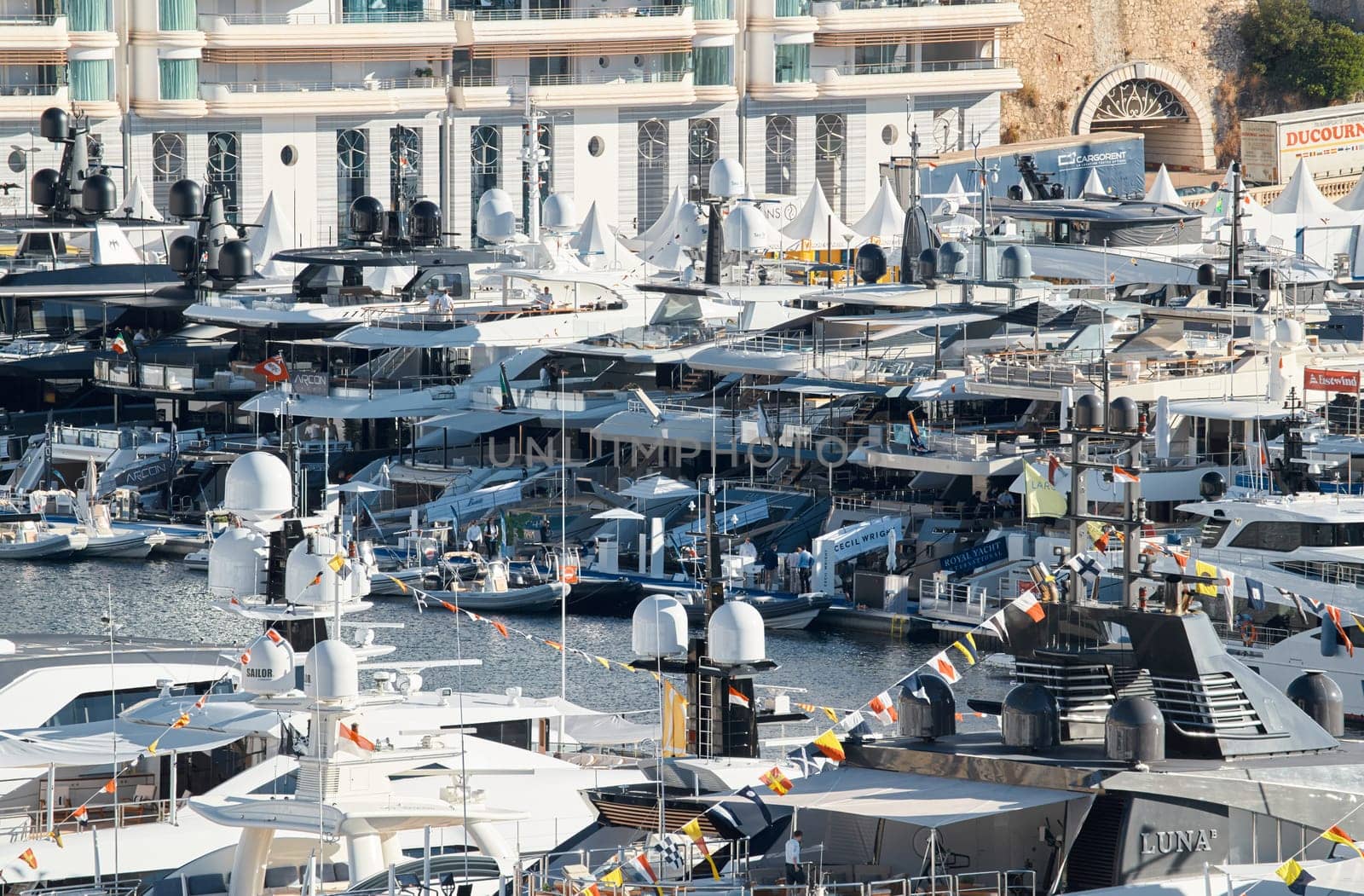 Monaco, Monte Carlo, 01 October 2022 - The famous motorboat exhibition at morning, mega yacht show, novelties of the boating industry. High quality photo