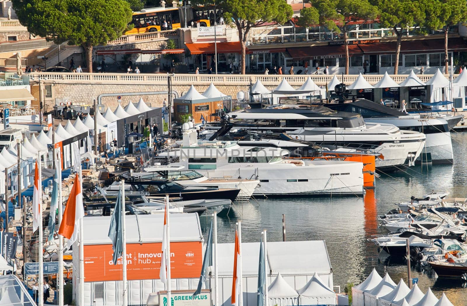 Monaco, Monte Carlo, 01 October 2022 - The famous motorboat exhibition at morning, mega yacht show, novelties of the boating industry. High quality photo