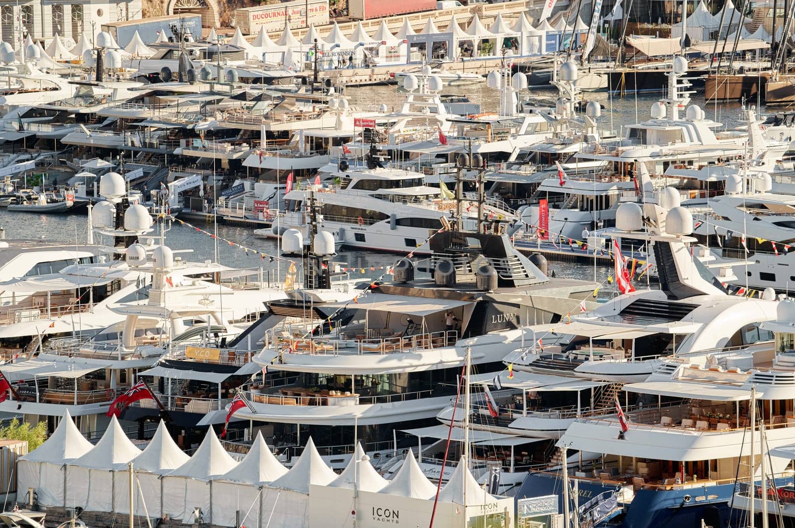 Monaco, Monte Carlo, 01 October 2022 - The famous motorboat exhibition at morning, mega yacht show, novelties of the boating industry by vladimirdrozdin