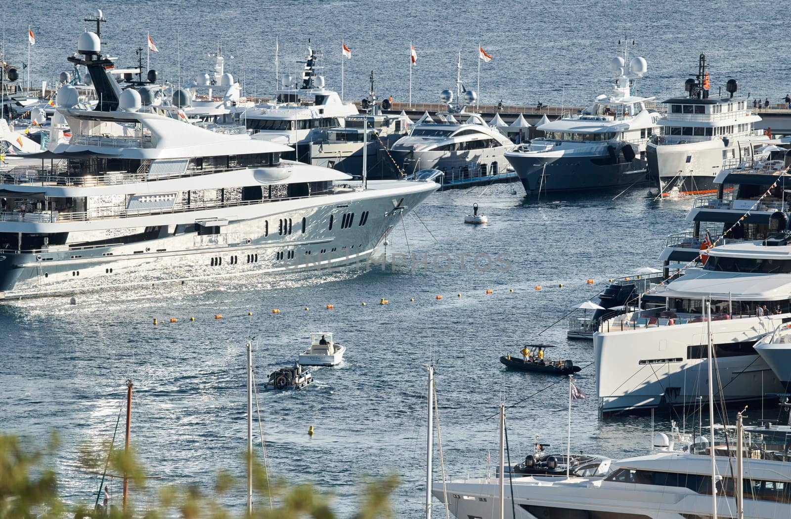 Monaco, Monte Carlo, 01 October 2022 - The famous motorboat exhibition at morning, mega yacht show, novelties of the boating industry. High quality photo