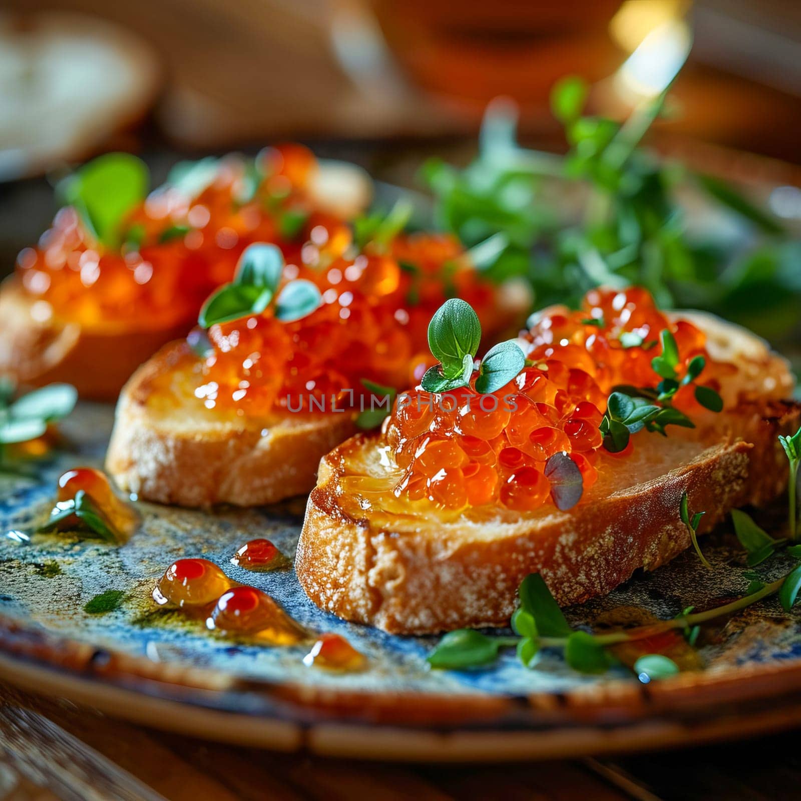 Bruschetta with red caviar lies on a plate. AI generated.