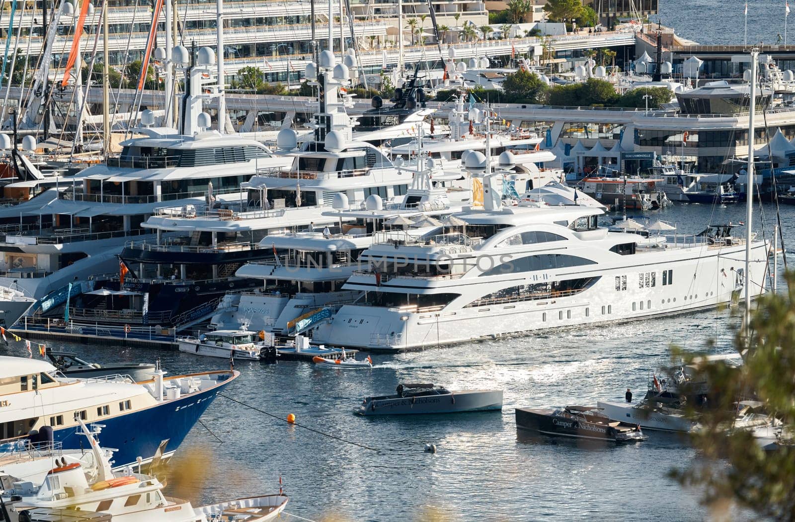 Monaco, Monte Carlo, 01 October 2022 - The famous motorboat exhibition at morning, mega yacht show, novelties of the boating industry. High quality photo