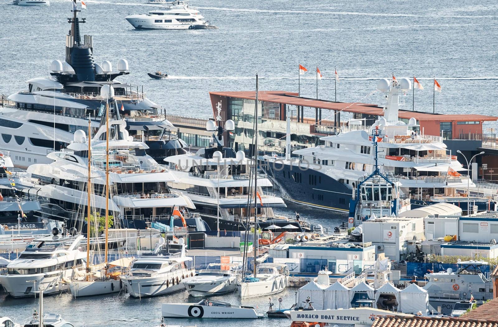 Monaco, Monte Carlo, 01 October 2022 - The famous motorboat exhibition at morning, mega yacht show, novelties of the boating industry. High quality photo