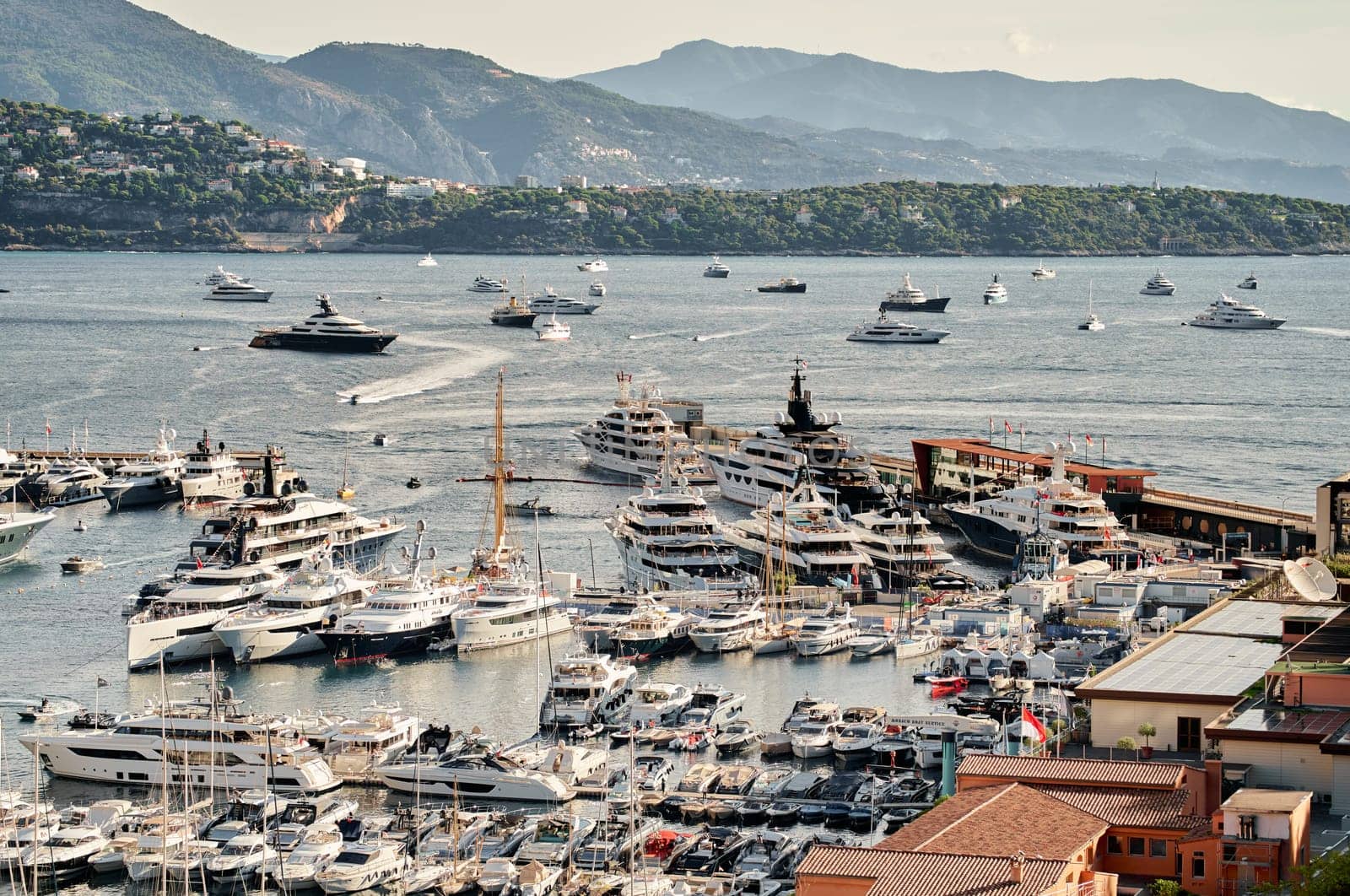 Monaco, Monte Carlo, 01 October 2022 - The famous motorboat exhibition at morning, mega yacht show, novelties of the boating industry. High quality photo