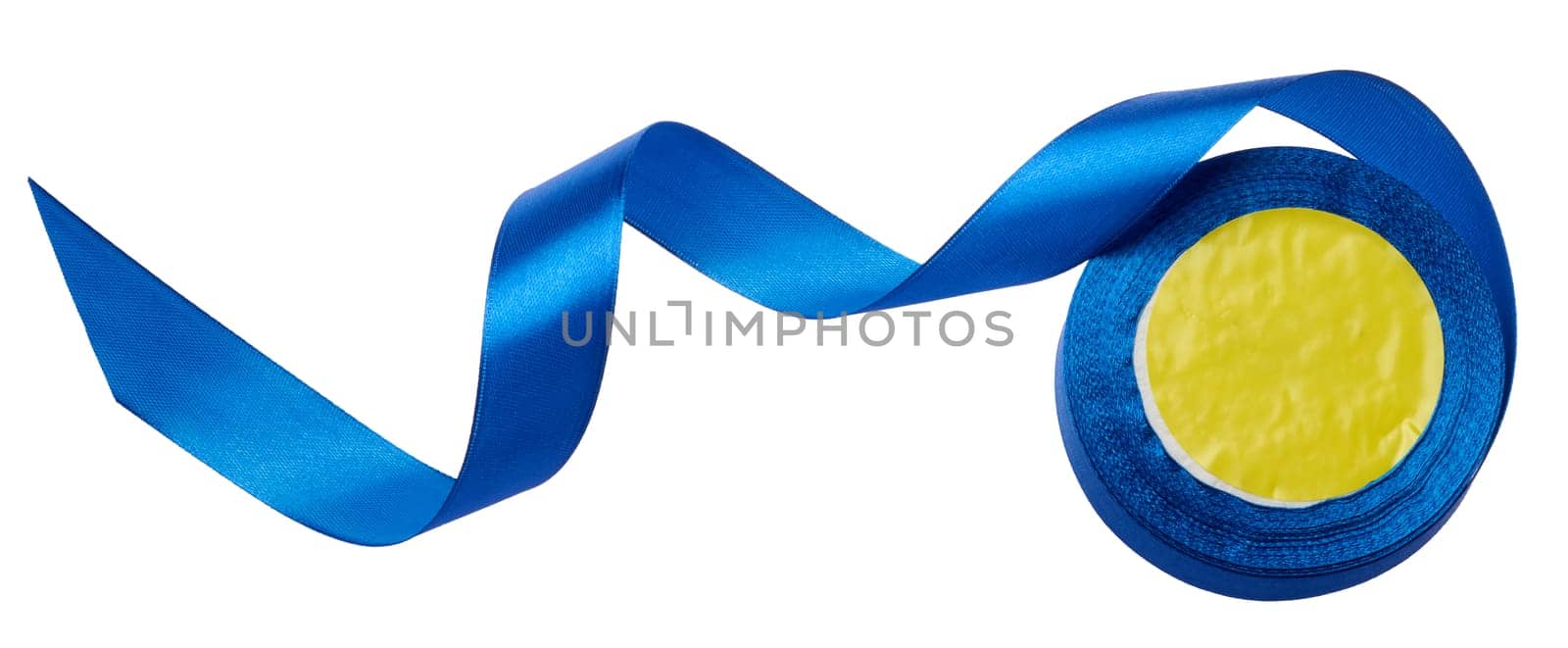 A spool with a blue silk ribbon on a white isolated background, object for decoration