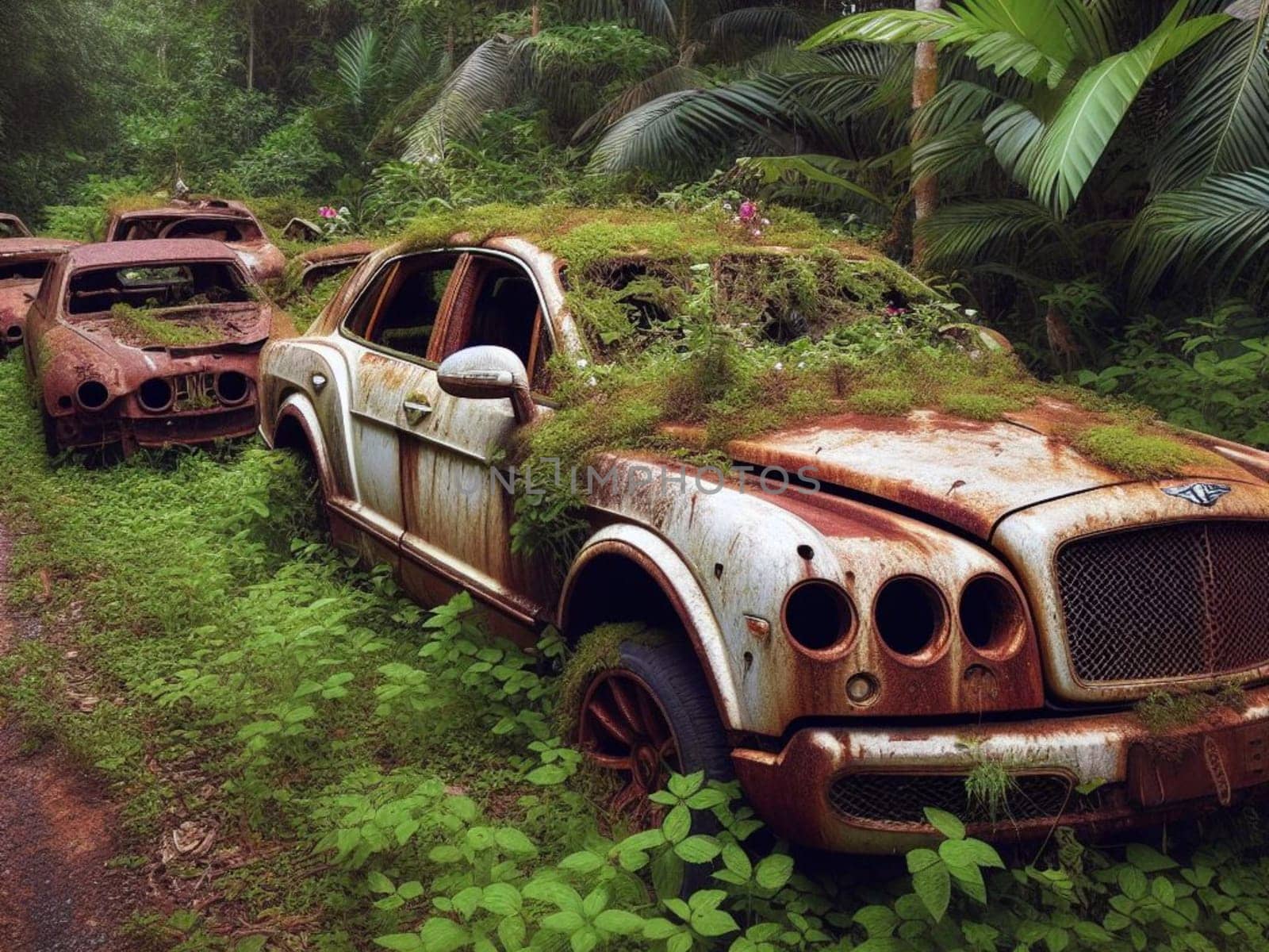 Abandoned rusty expensive atmospheric deluxe sedan car limo as circulation banned for co2 emission 2030 agenda , severe damage, broken parts, plants overgrowth bloom flowers. ai generated