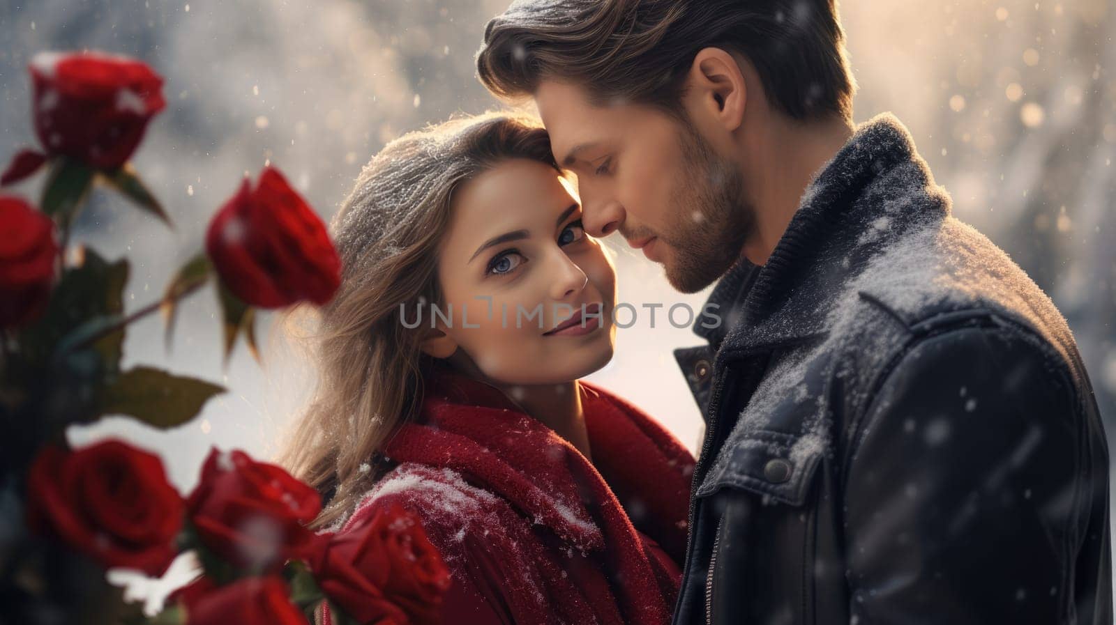 Beautiful young couple hugging, kissing celebrating St Valentine's Day at snow day outside