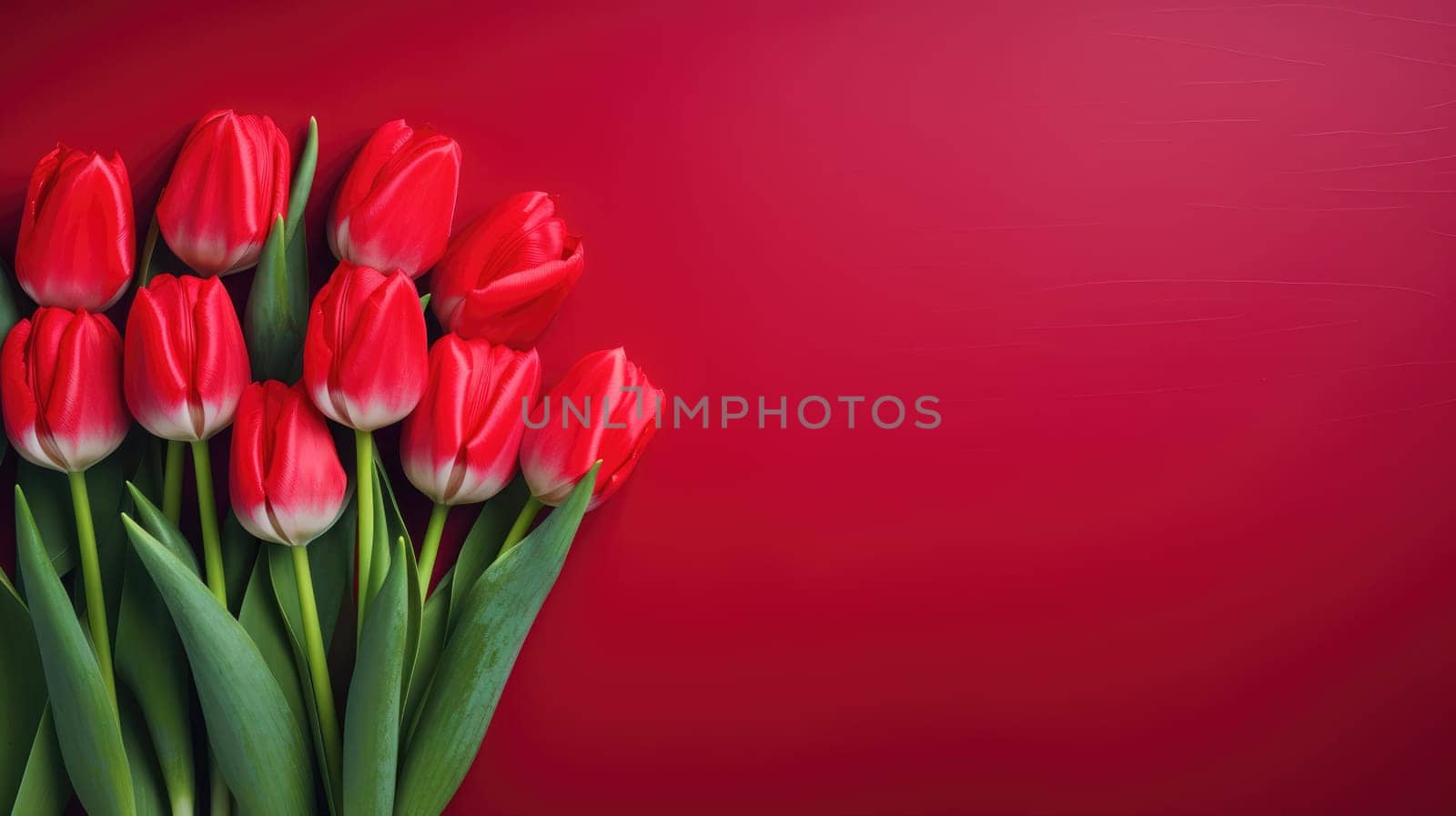 Wonderful spring tulips on red background. Top view image. Copy space.