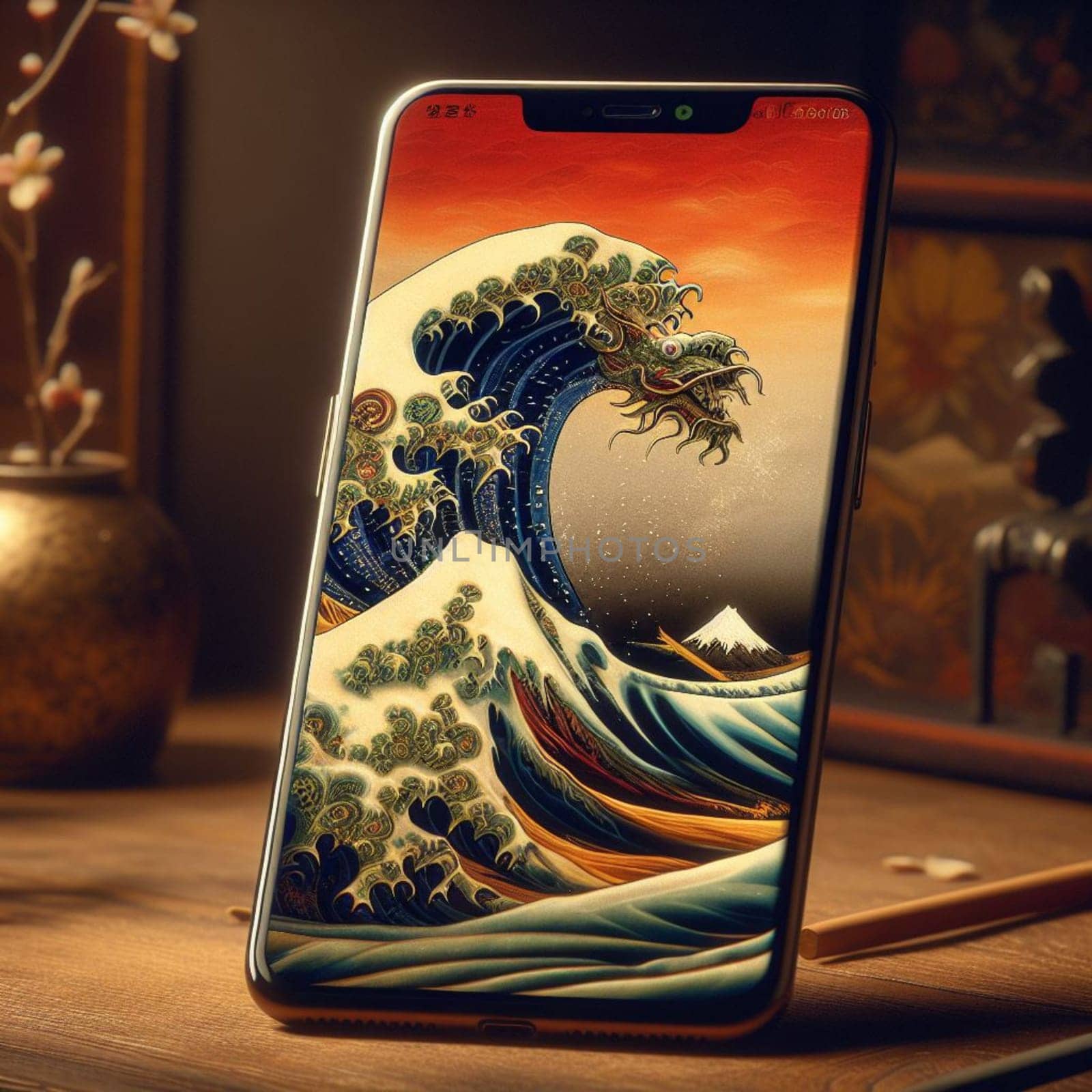 traditional female dragon city skyline sunset chinese 2024 new year out mobile phone screen on desk by verbano