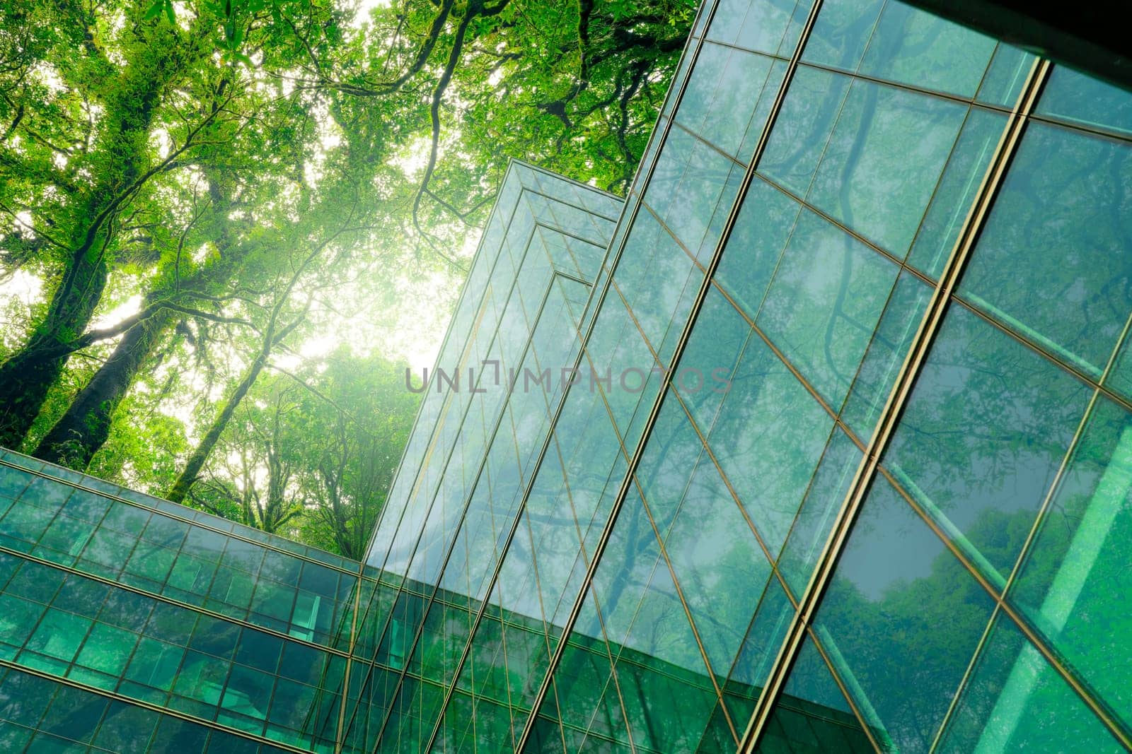 Eco-friendly building in modern city. Sustainable glass office building with trees for reducing CO2. Green architecture. Building with green environment. Sustainability corporate. Net zero emissions. by Fahroni