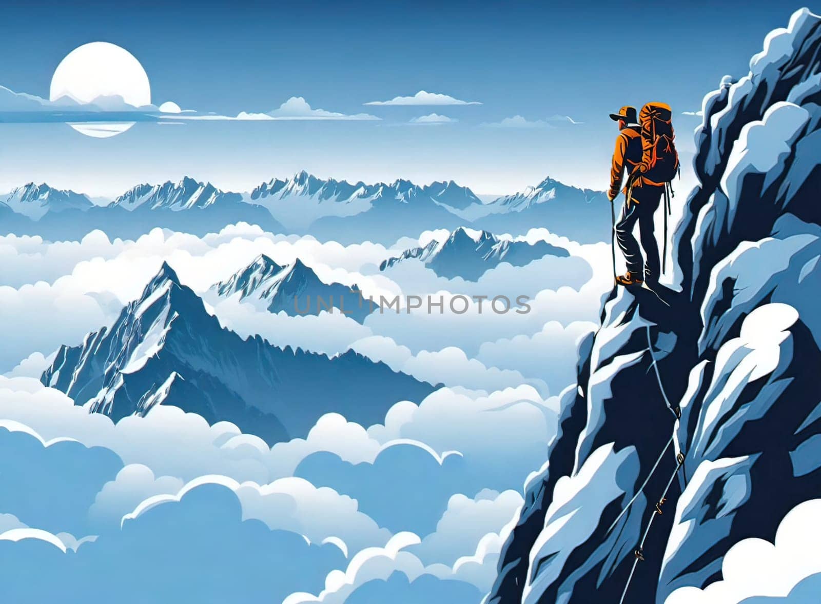 Hiker on the top of the mountain with a backpack. Vector illustration. Business and sport concept.Vector illustration of mountaineer on the top of the mountain.Travel and adventure concept. Vector illustration of a man on the top of a mountain with a backpack