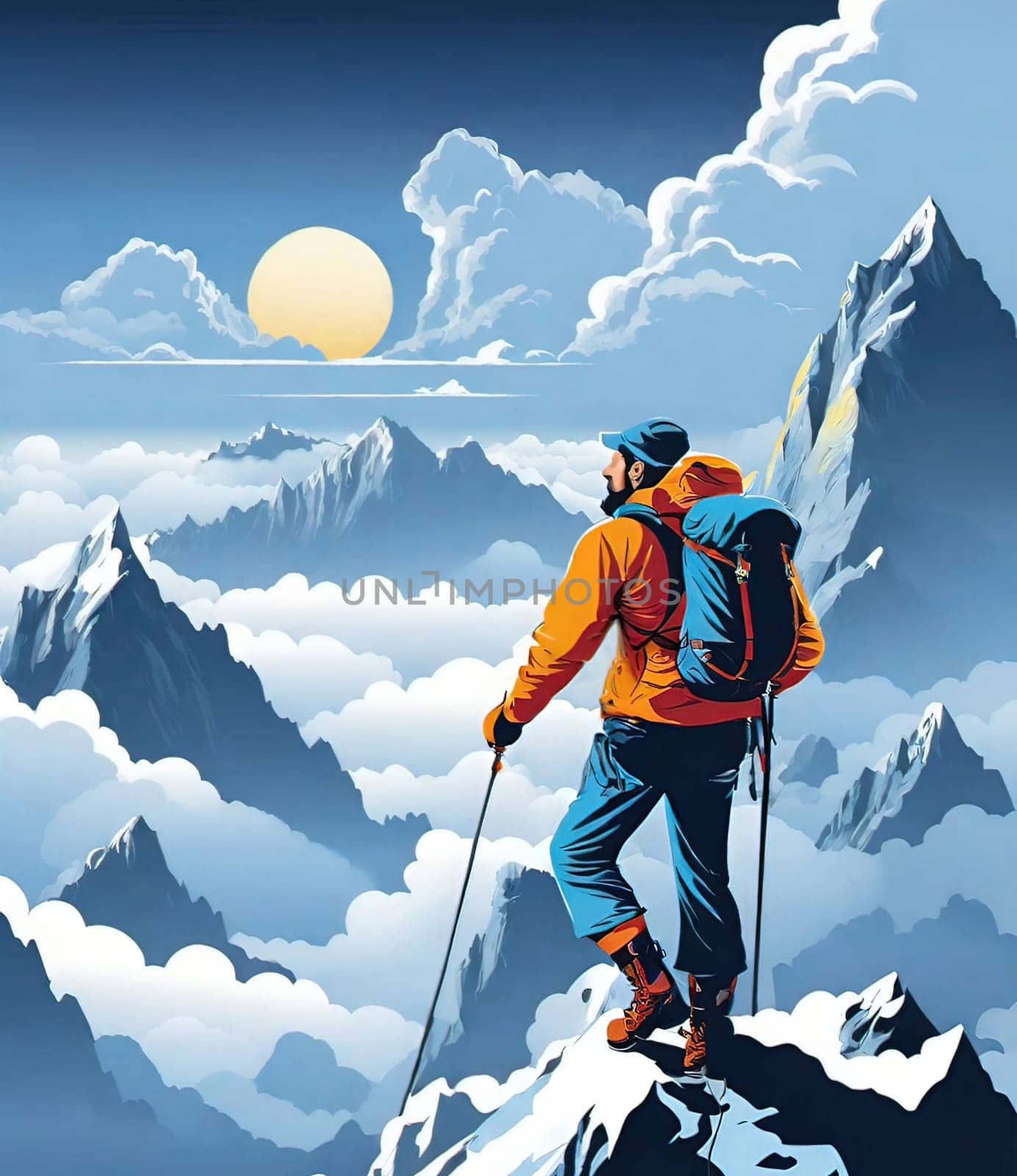 Hiker on the top of the mountain with a backpack. Vector illustration. Business and sport concept.Vector illustration of mountaineer on the top of the mountain.Travel and adventure concept. Vector illustration of a man on the top of a mountain with a backpack