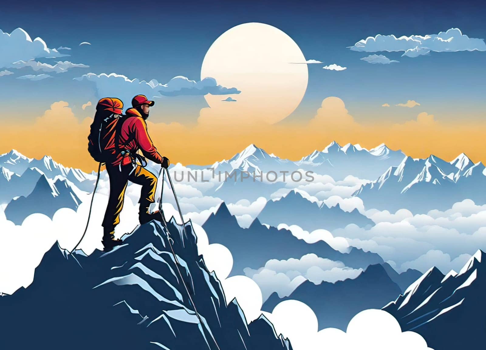 Hiker on the top of the mountain with a backpack. Vector illustration. Business and sport concept.Vector illustration of mountaineer on the top of the mountain.Travel and adventure concept. Vector illustration of a man on the top of a mountain with a backpack