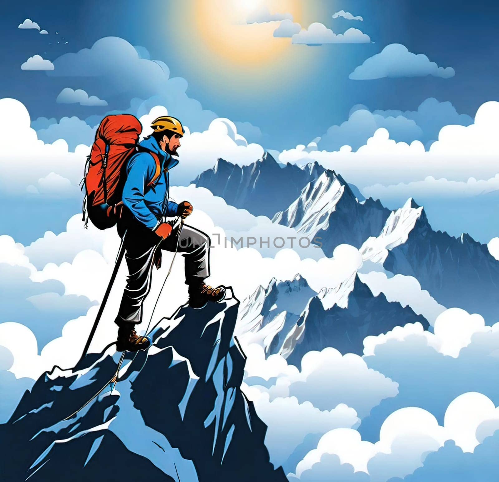 Hiker on the top of the mountain with a backpack. Vector illustration. Business and sport concept.Vector illustration of mountaineer on the top of the mountain.Travel and adventure concept. Vector illustration of a man on the top of a mountain with a backpack