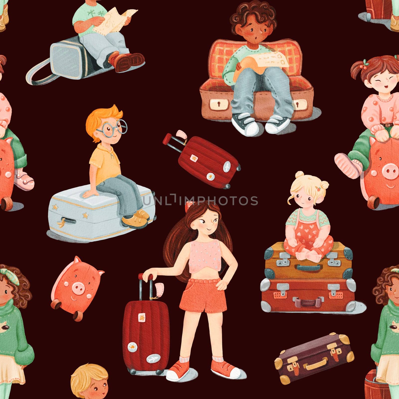 Seamless pattern of girl with luggage, a dark-skinned smiling girl, boy sits in open empty brown retro suitcase. Surprised looks at the todolist. travel concept. watercolor Dark background by Art_Mari_Ka