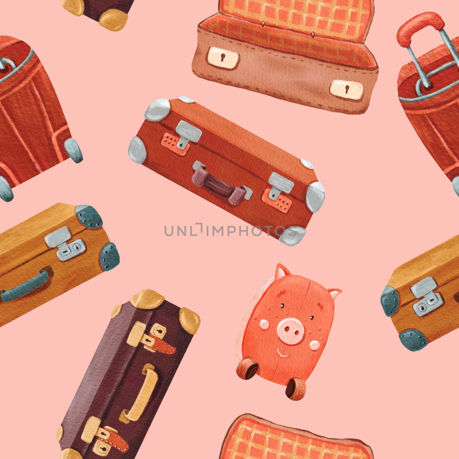 Seamless pattern of open and close Stylish brown retro suitcase, child luggage . Old vintage leather briefcase baggage. Pink background Hand drawn retro bag. Watercolor colored illustration. by Art_Mari_Ka