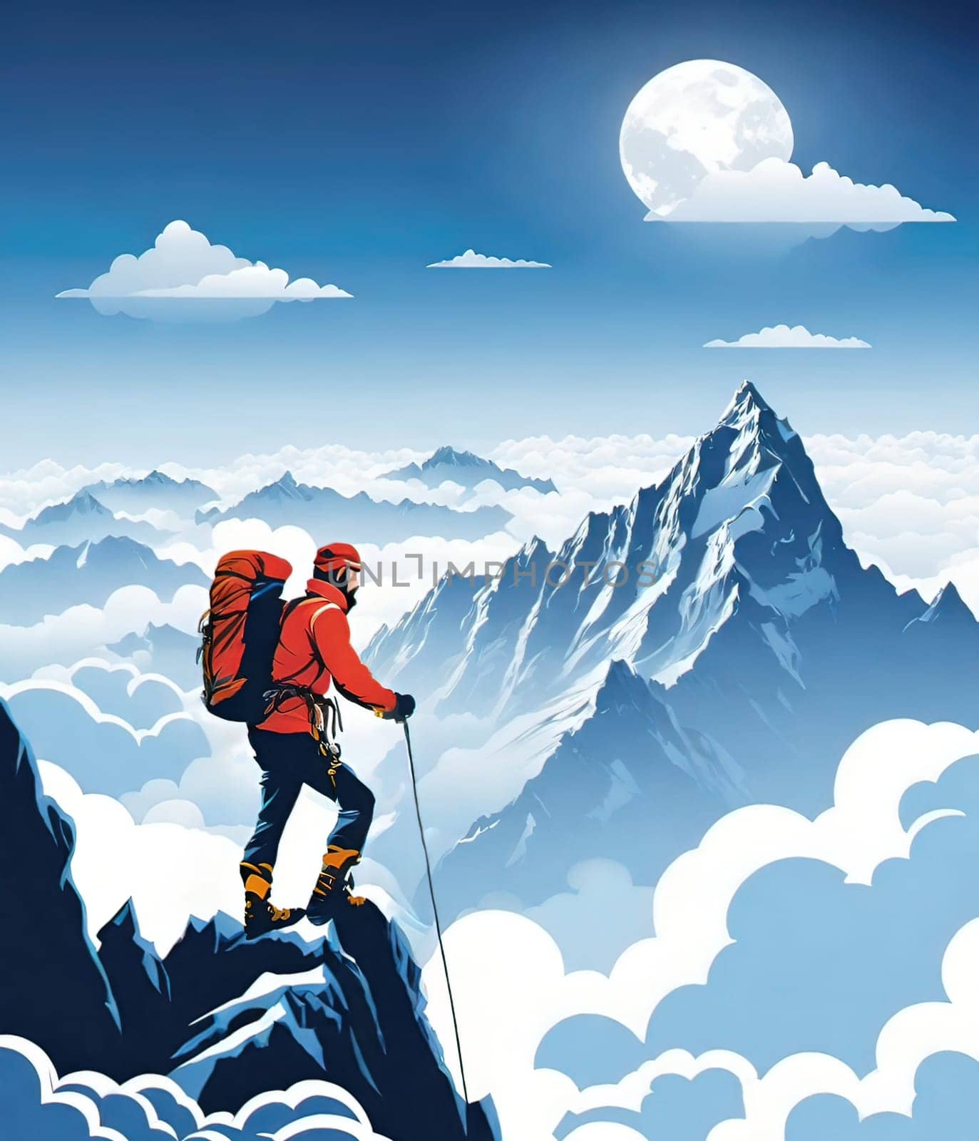 Hiker on the top of the mountain with a backpack. Vector illustration. Business and sport concept.Vector illustration of mountaineer on the top of the mountain.Travel and adventure concept. Vector illustration of a man on the top of a mountain with a backpack