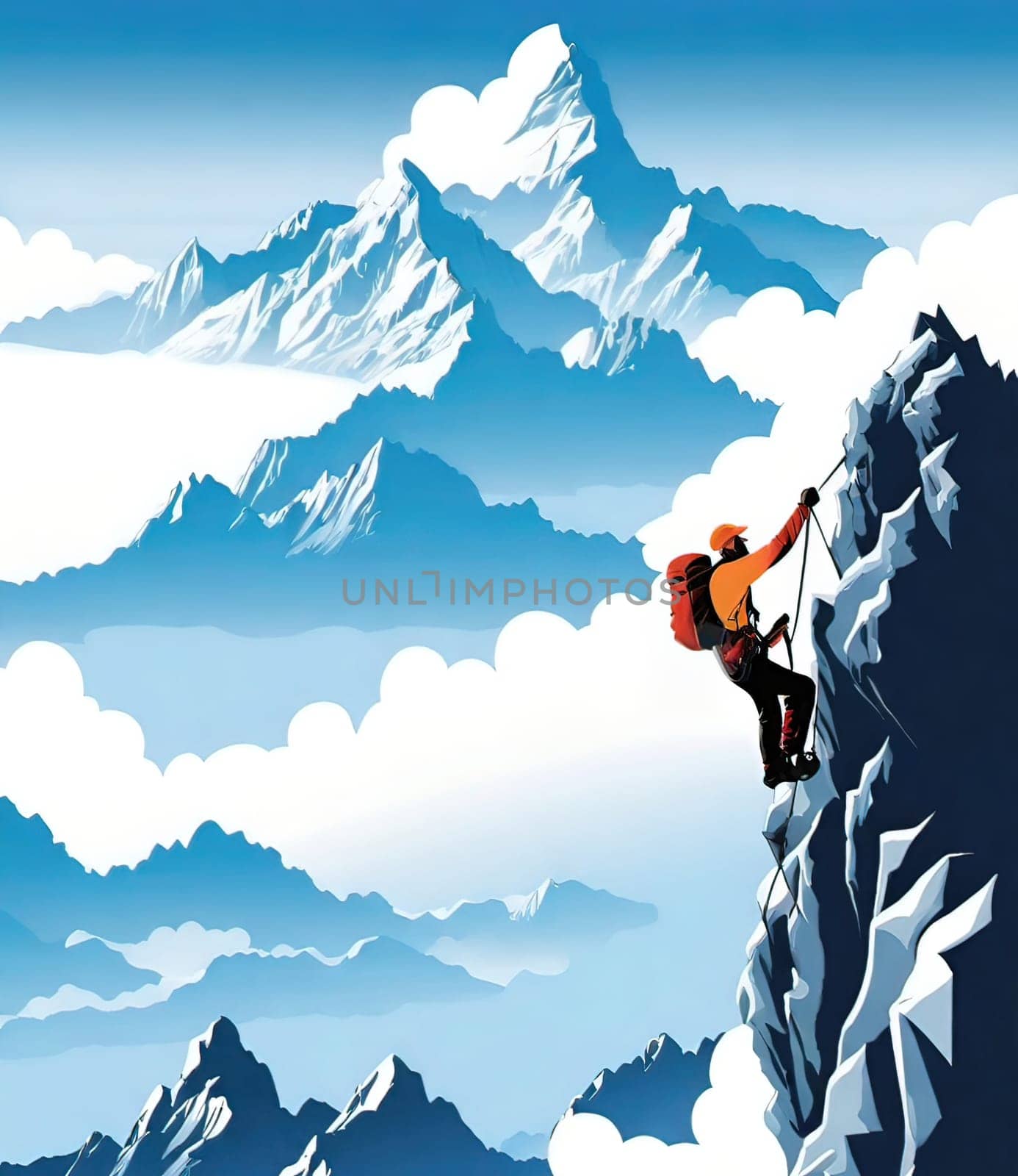 Hiker on the top of the mountain with a backpack. Vector illustration. Business and sport concept.Vector illustration of mountaineer on the top of the mountain.Travel and adventure concept. Vector illustration of a man on the top of a mountain with a backpack