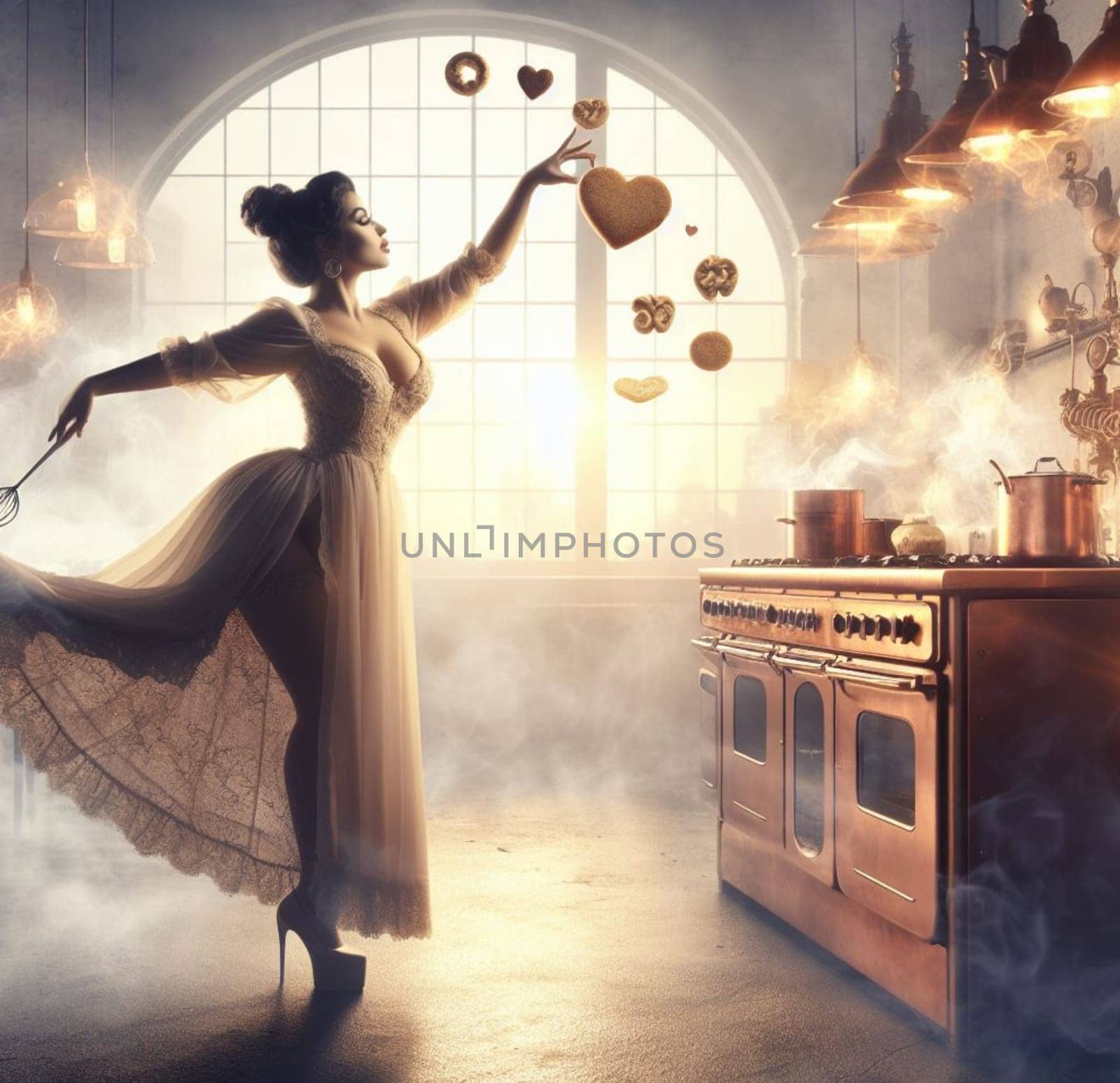 glamourous chef in steampunk kitchen with windiwn natural light cooking posing dancing singing illustration generative ai art