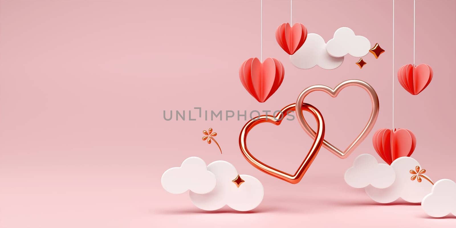 Happy Valentine's day poster with copy space. Beautiful paper cut white clouds with luxury couple bangle heart on pink background. 3D rendering illustration.