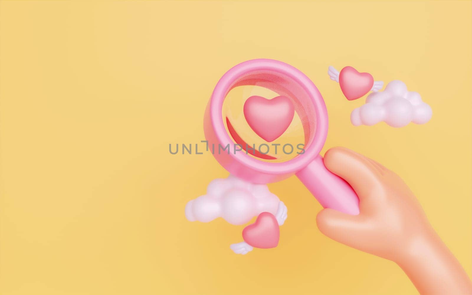 3d hand holding magnifying glass with pink heart on yellow background. health love or world heart day concept, 3d render illustration.