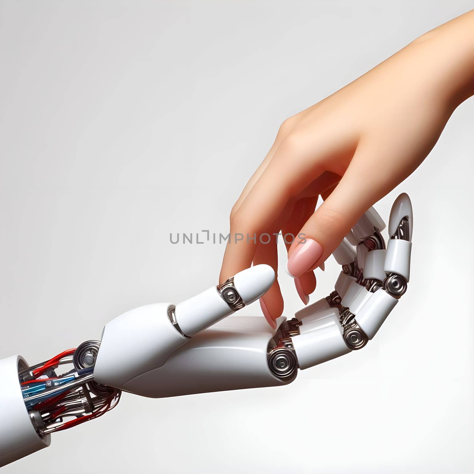 Caucasian woman touching robot arm by andre_dechapelle