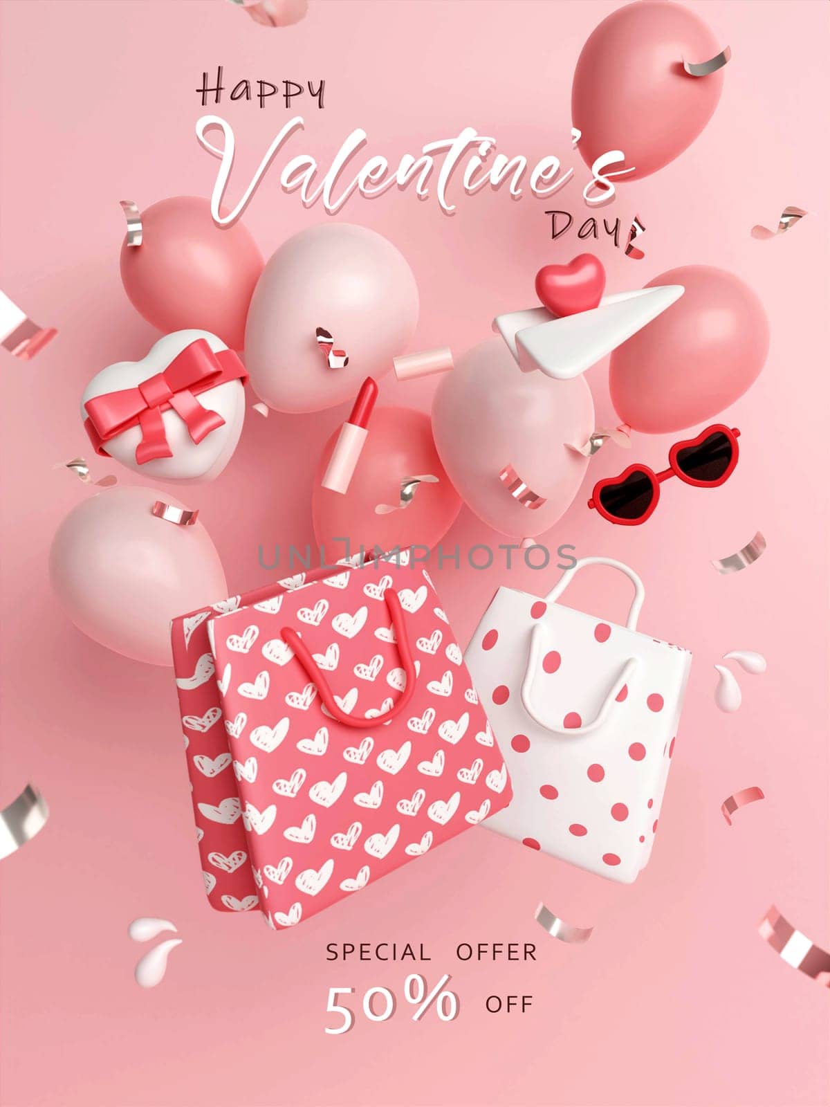 Valentines Day sale shopping bag with heart shaped balloons, gift box. Holiday illustration banner. for valentine and mother day design. 3d Rendering by meepiangraphic