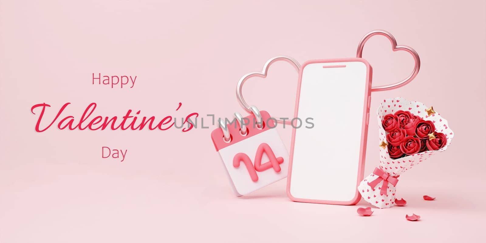 3D rendering mobile phone mockup with hearts for Valentines day background design. Empty generic smartphone blank screen template. 3D render illustration.