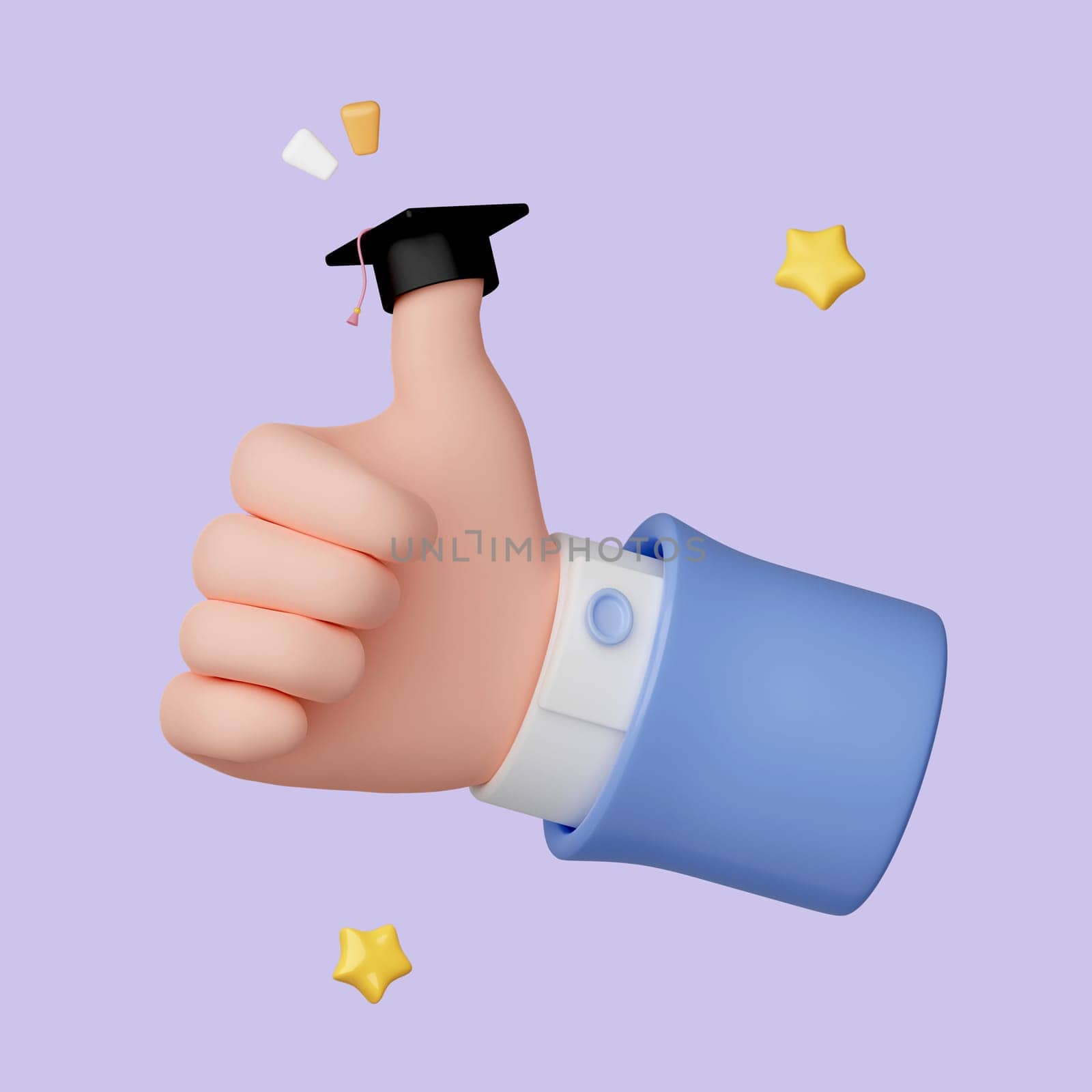 3D cartoon thumb up hand gesture with graduation cap isolated on pastel background. icon symbol clipping path. education. 3d render illustration.
