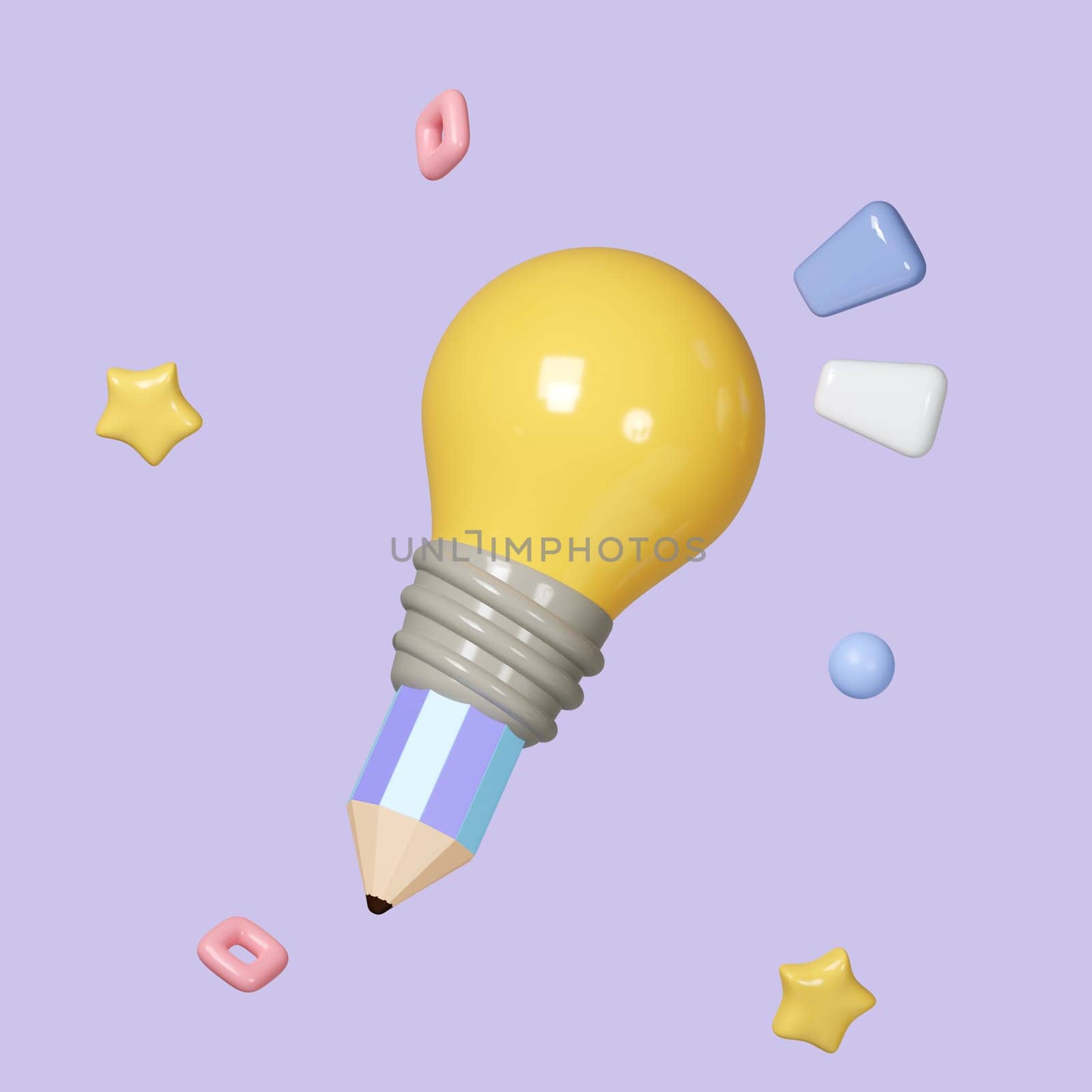 Pencil with yellow light bulb isolated on background. idea tip education, knowledge creates ideas concept, minimal abstract, 3d illustration or 3d render.