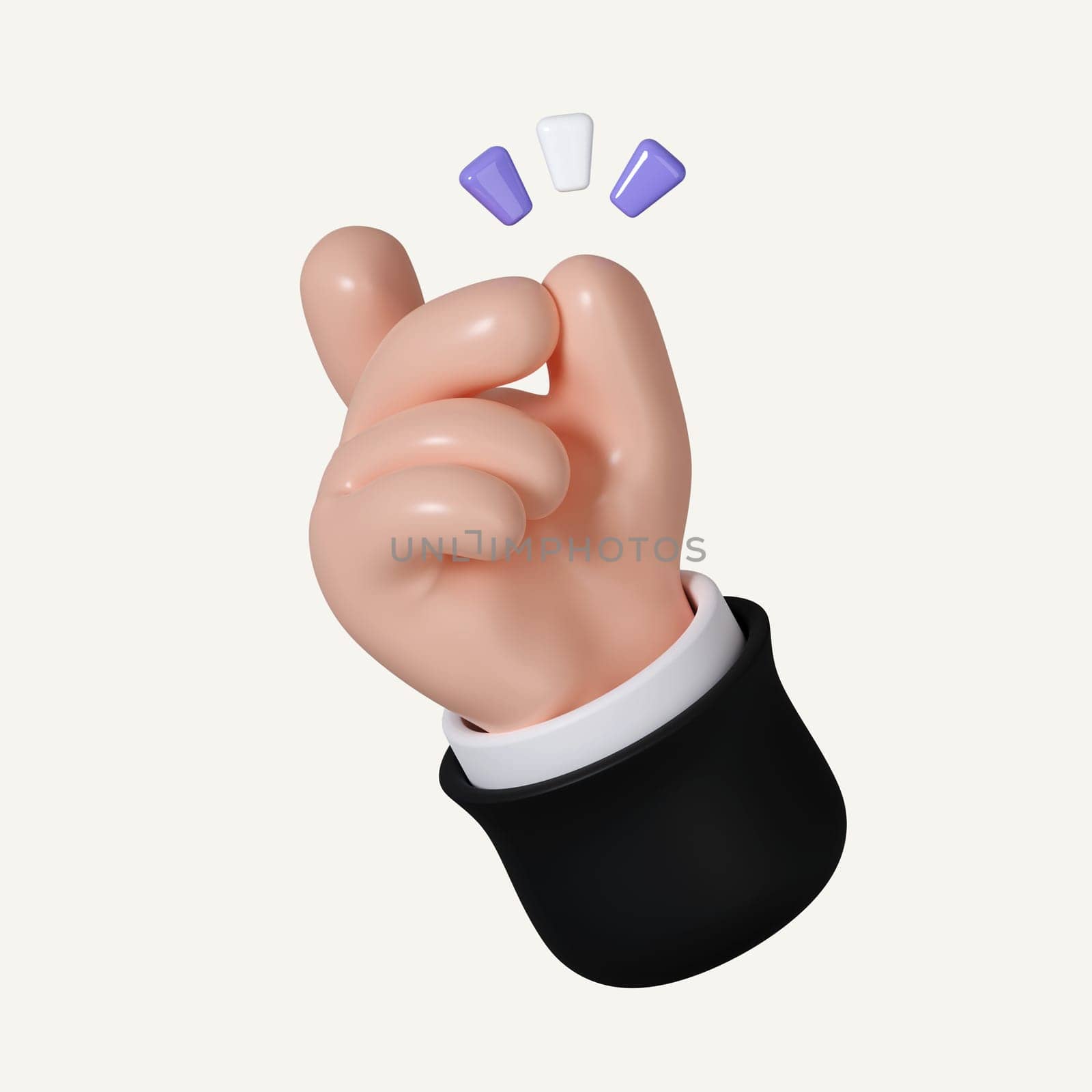Cartoon hand showing snap gesture icon isolated on white background, 3d rendering illustration. Clipping path.