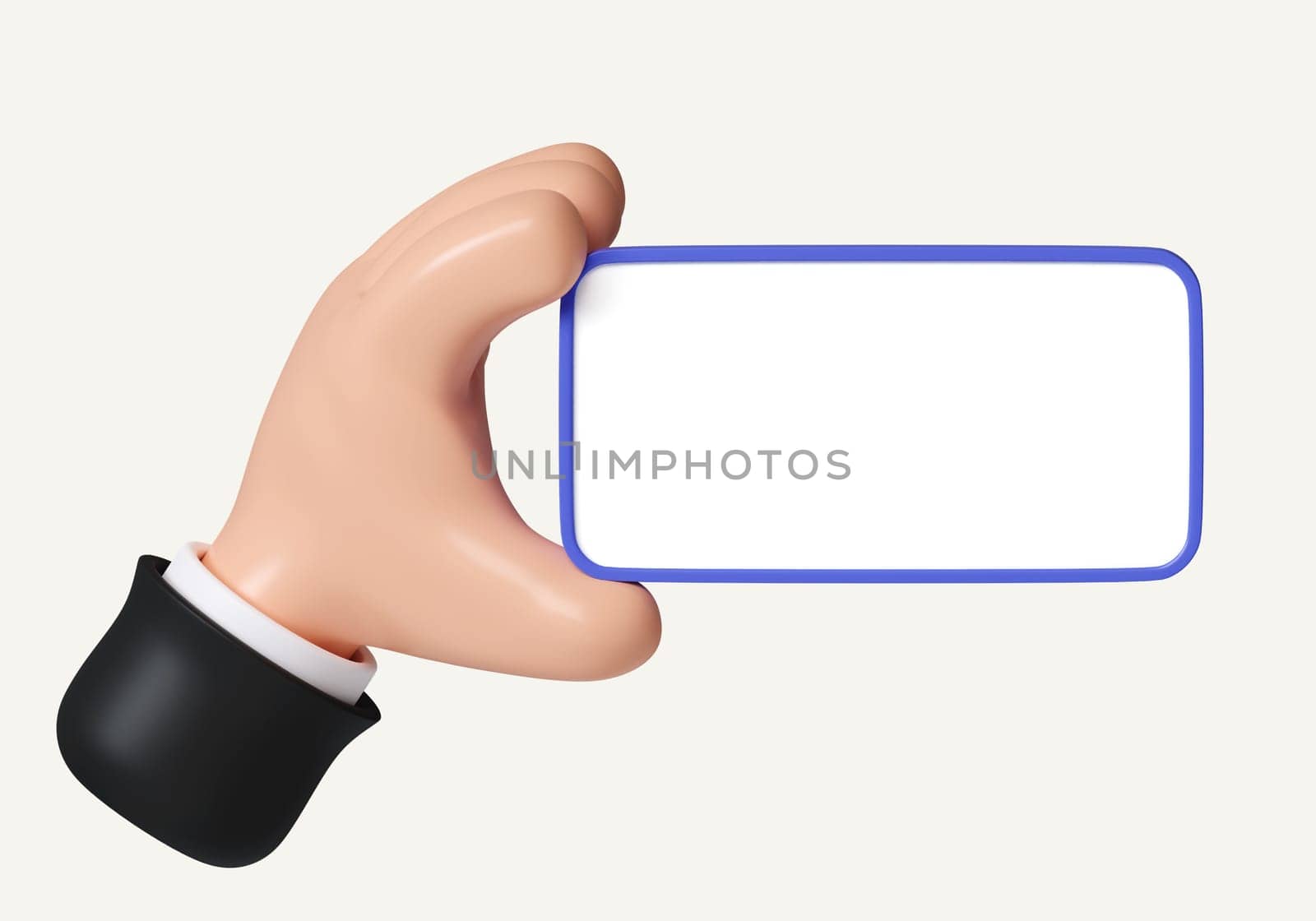 3D Hand holding mobile phone with empty screen. Cartoon smartphone isolated on white background. Phone device Mockup. 3d rendering illustration. Clipping path of each element included..