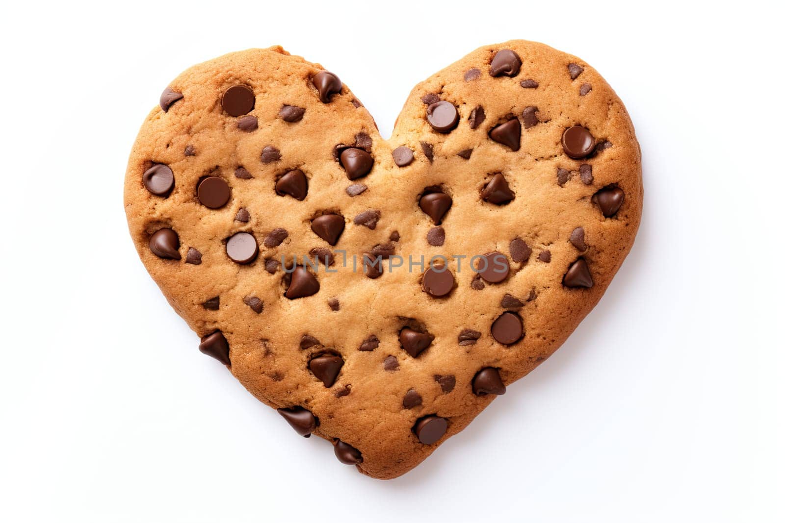 Chocolate chip cookies in the shape of heart, isolated, on white background.