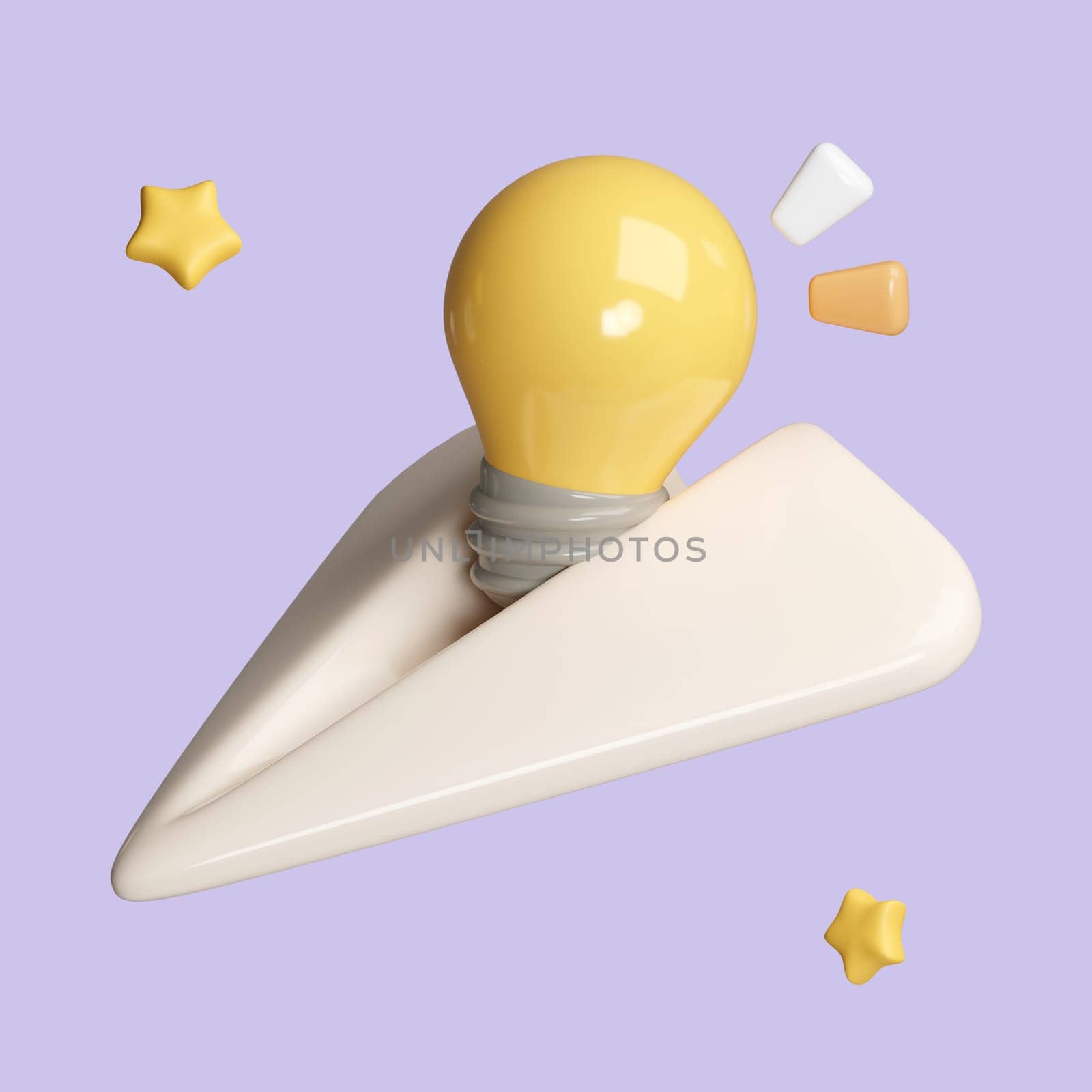 3d cartoon style minimal yellow light bulb on paper plane icon isolated on pastel background. icon symbol clipping path. education. 3d render illustration.