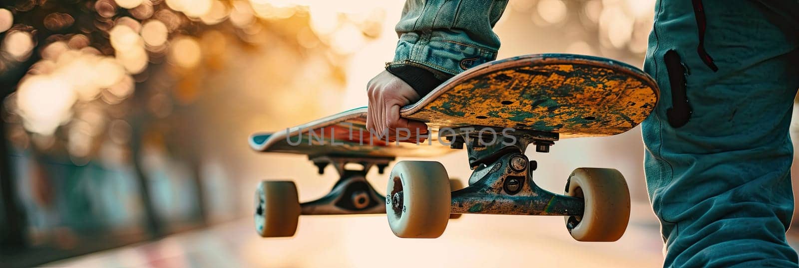 Close up of male hand holding a skateboard and doing a trick.