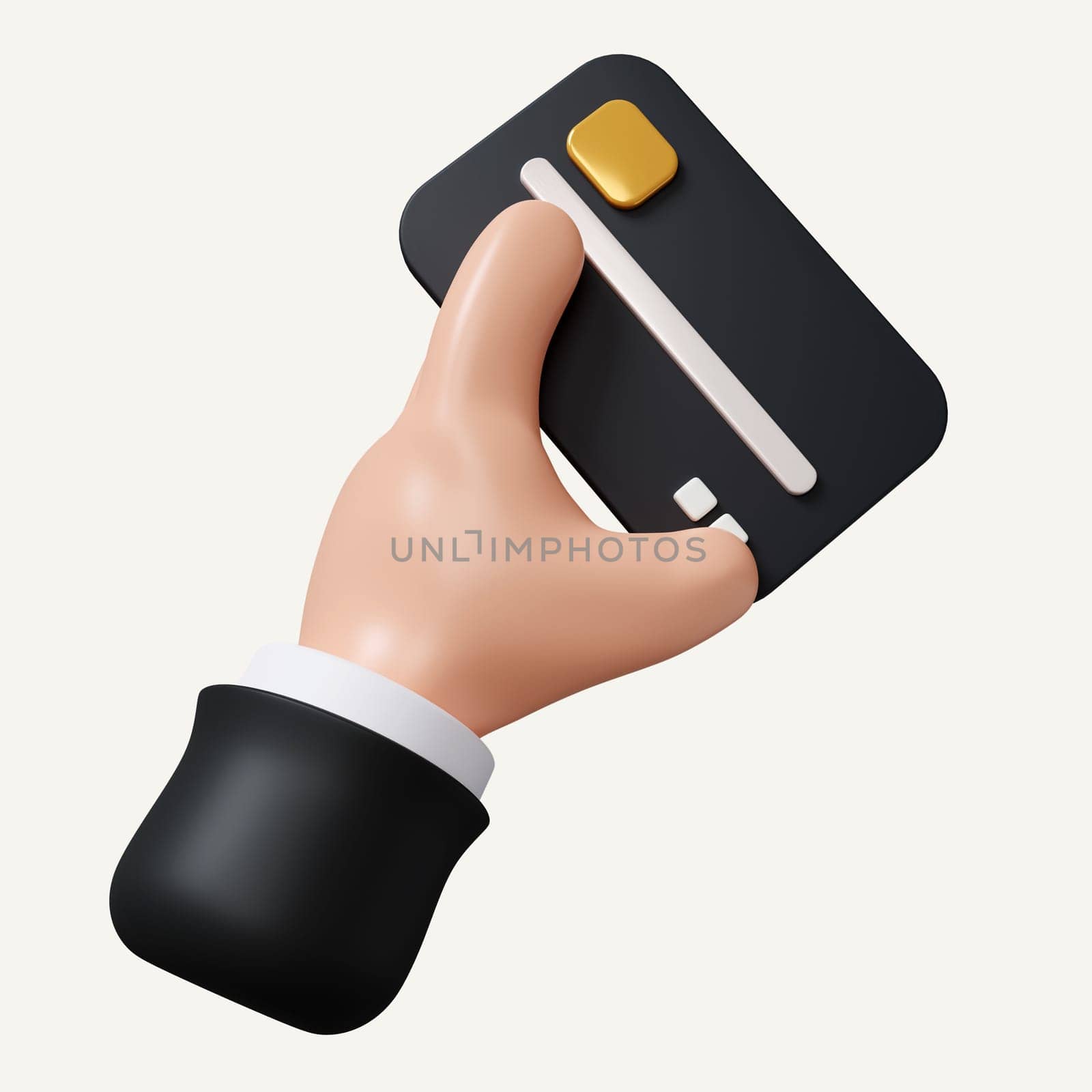 Cartoon businessman character hand holding a credit card icon isolated on white background. 3d rendering illustration. Clipping path of each element included..