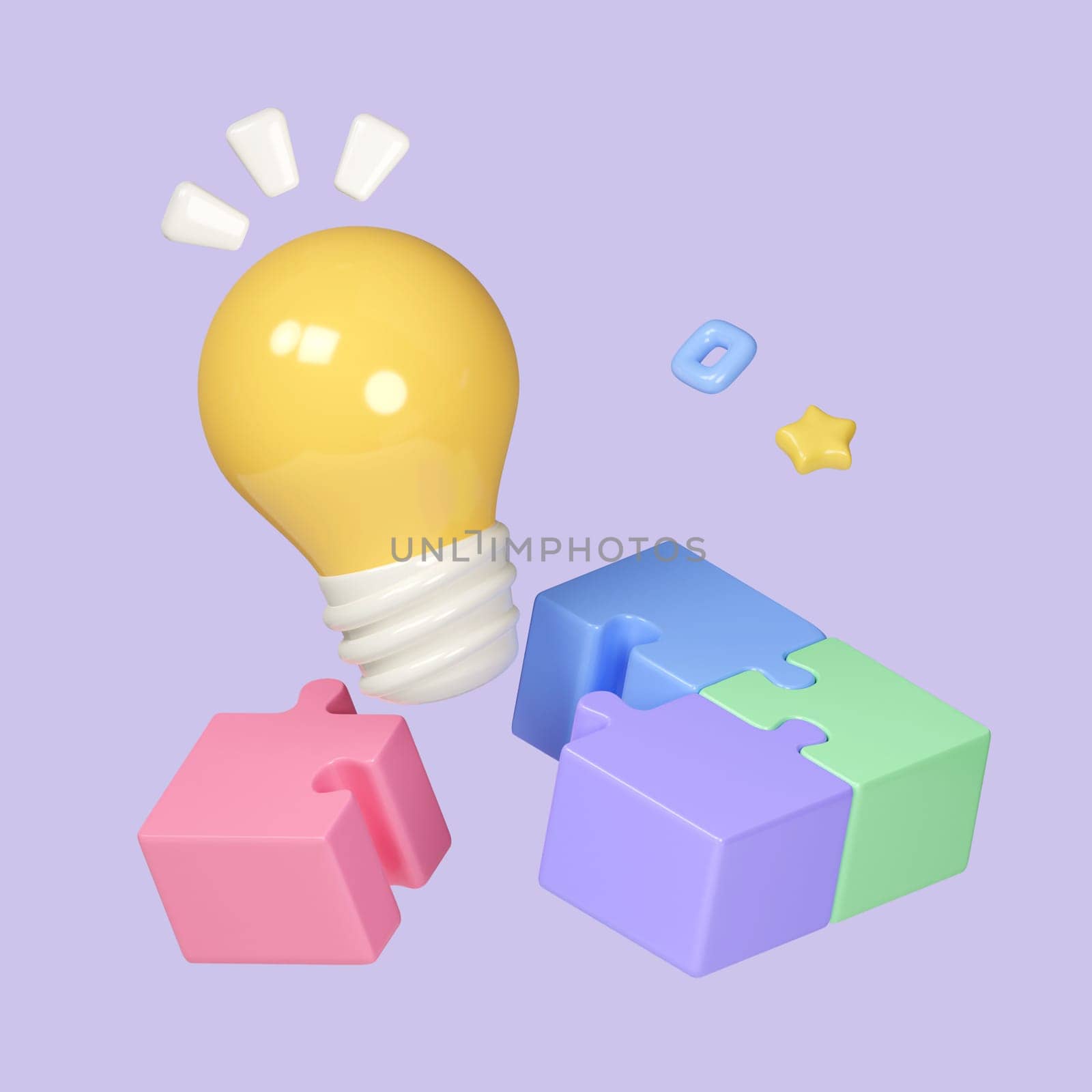 Colored puzzle jigsaw cube model with light bulb on pastel background. Teamwork, Business group symbol concept. icon isolated on pastel background. icon symbol clipping path. 3d render illustration.