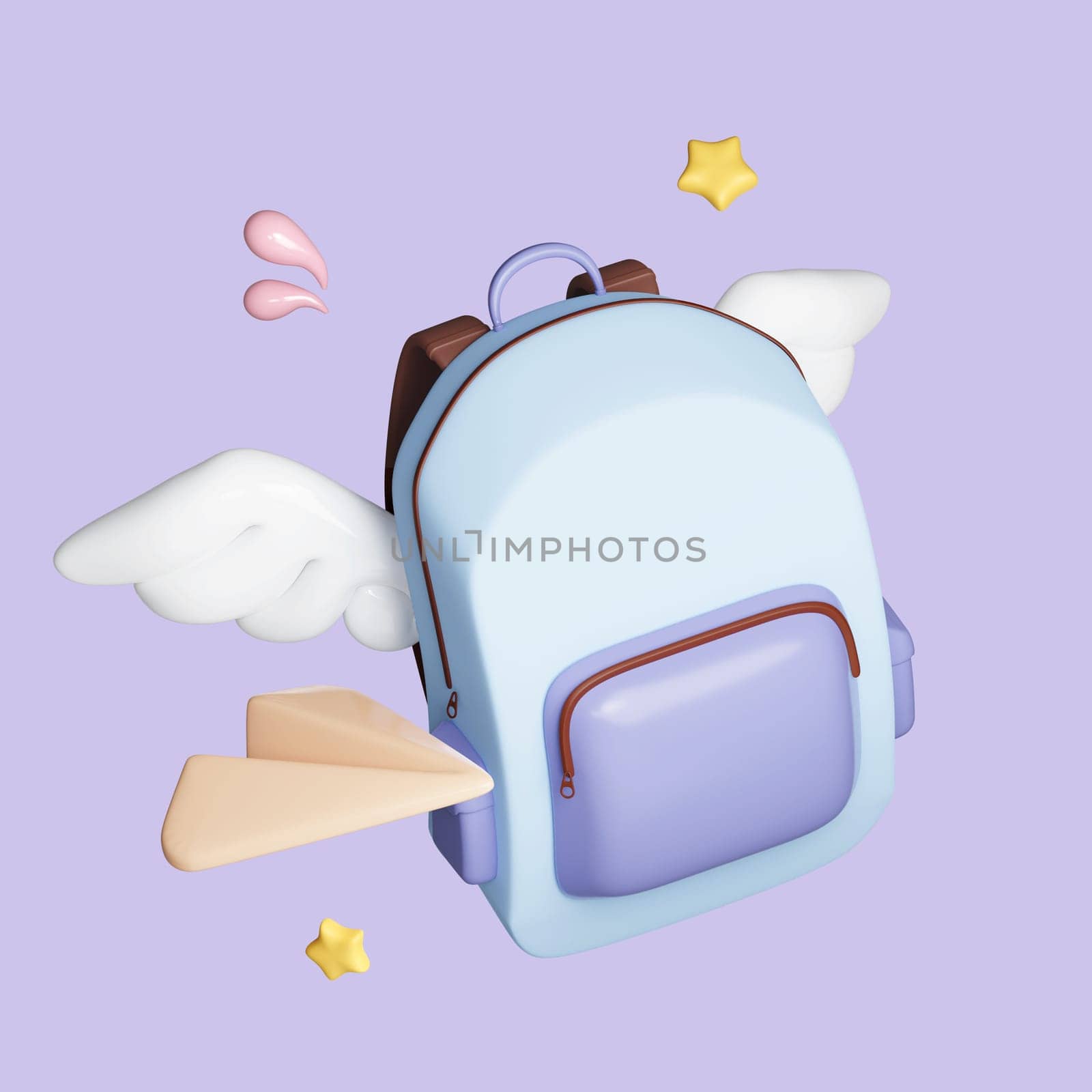 bag backpack school education with fly wing. icon symbol clipping path. education. 3d render illustration by meepiangraphic