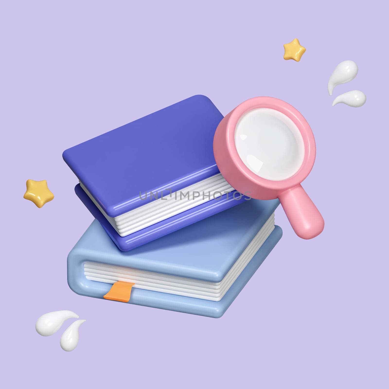 3d search knowledge icon. Magnifying glass with stack of book, isolated on background. icon symbol clipping path. 3d render illustration by meepiangraphic