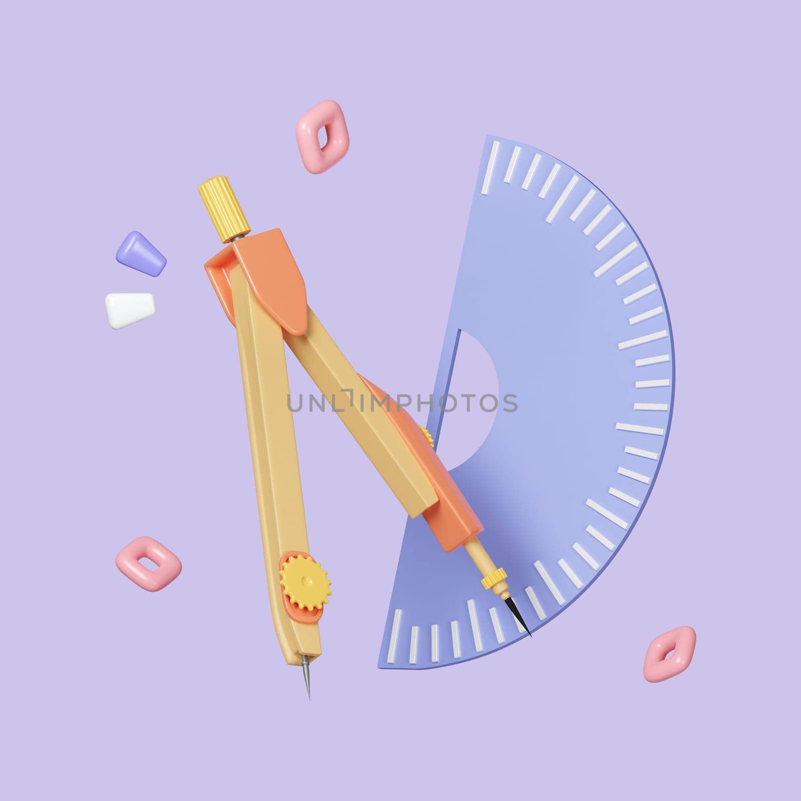 3D School and education set icon. Stationery for study and work. roundabout and Semicircular Military Protractor. isolated on pastel background. icon symbol clipping path. Drawing. 3d render illustration.