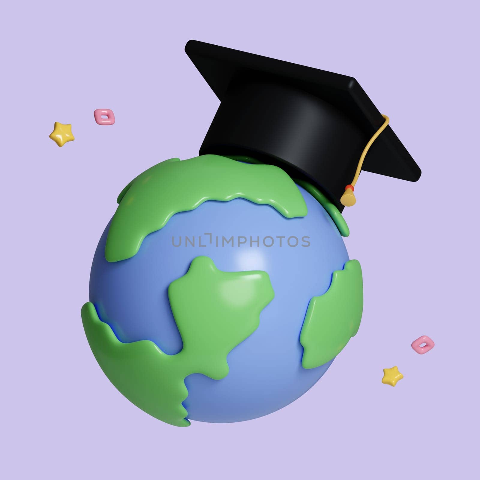 Minimal background for online education concept. Blue globe with graduation hat isolated on background. 3d rendering illustration. Clipping path of each element included..