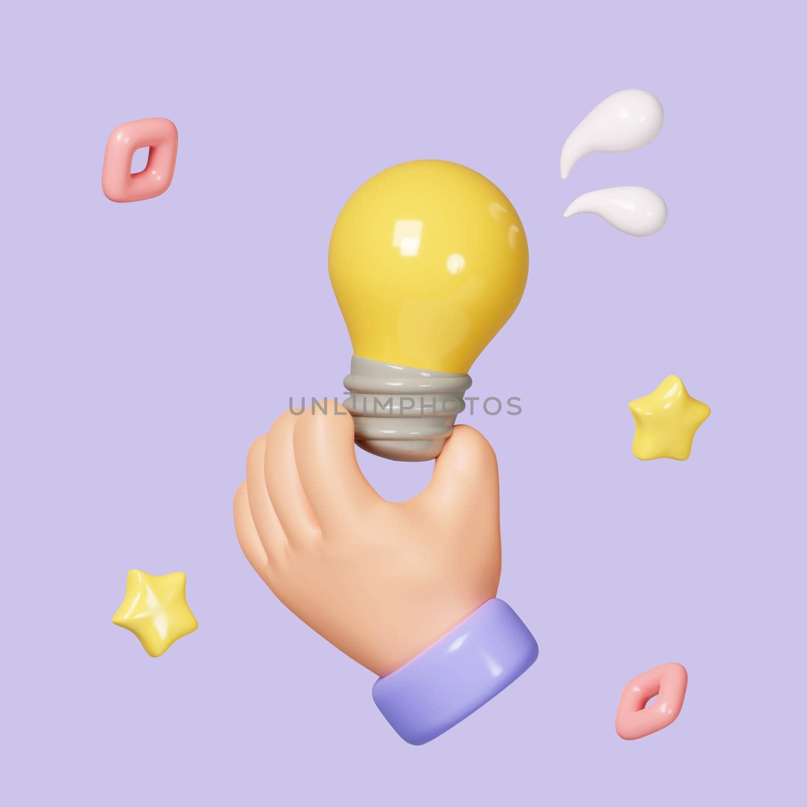 3D Hand holding Light Bulb. Employee with genius business idea. Success in work. Cartoon icon isolated on background. icon symbol clipping path. 3d render illustration.
