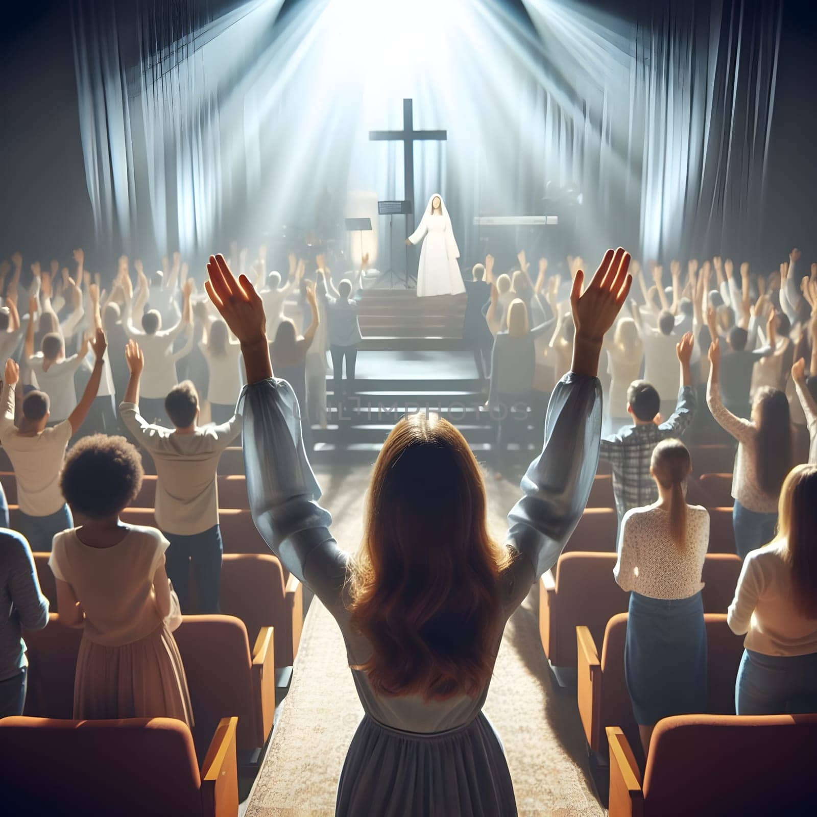girl worships god, raising her hands up in the concert hall among the believers