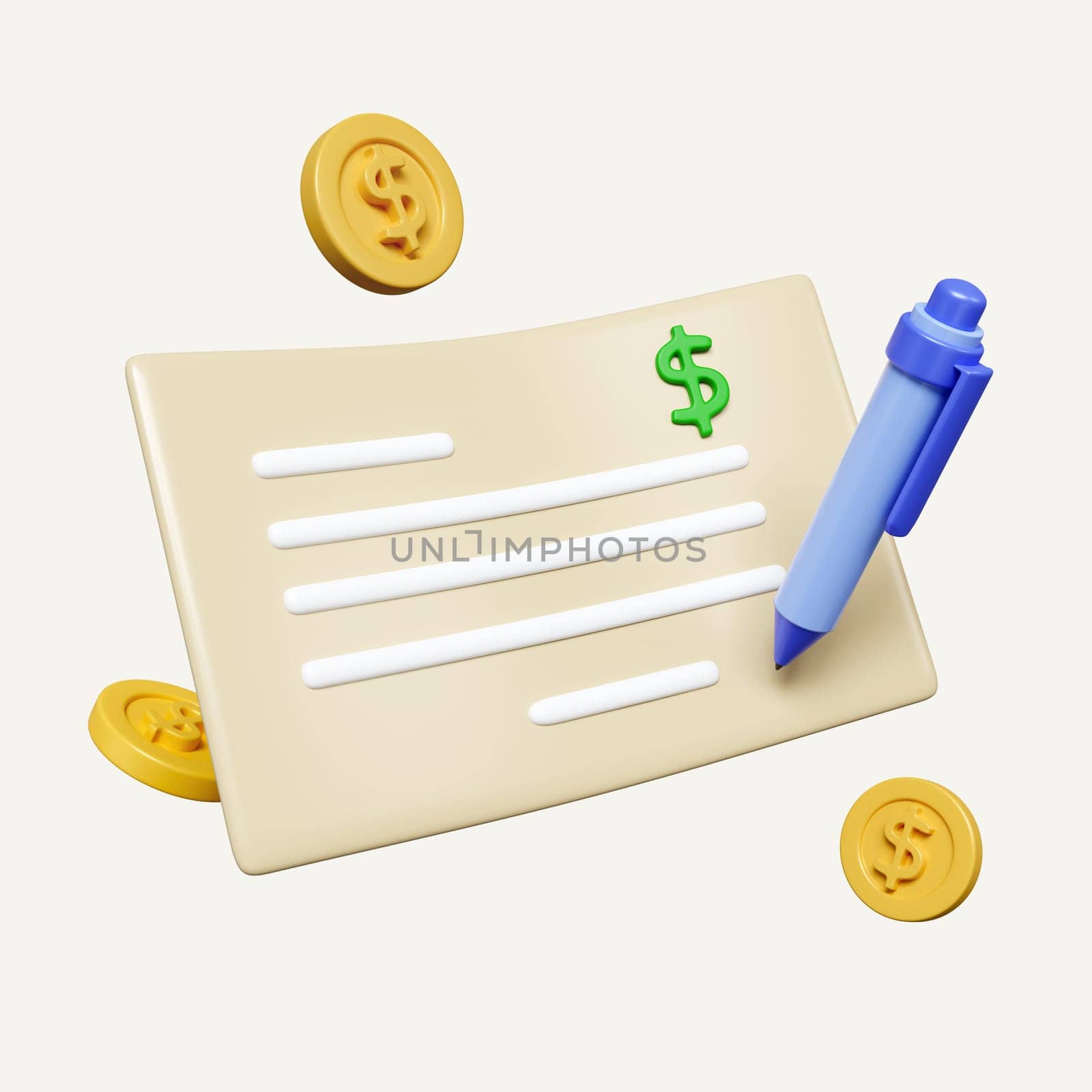 3D bank cheque and money coin with pen, banking payment receipt. icon isolated on white background. 3d rendering illustration. Clipping path.