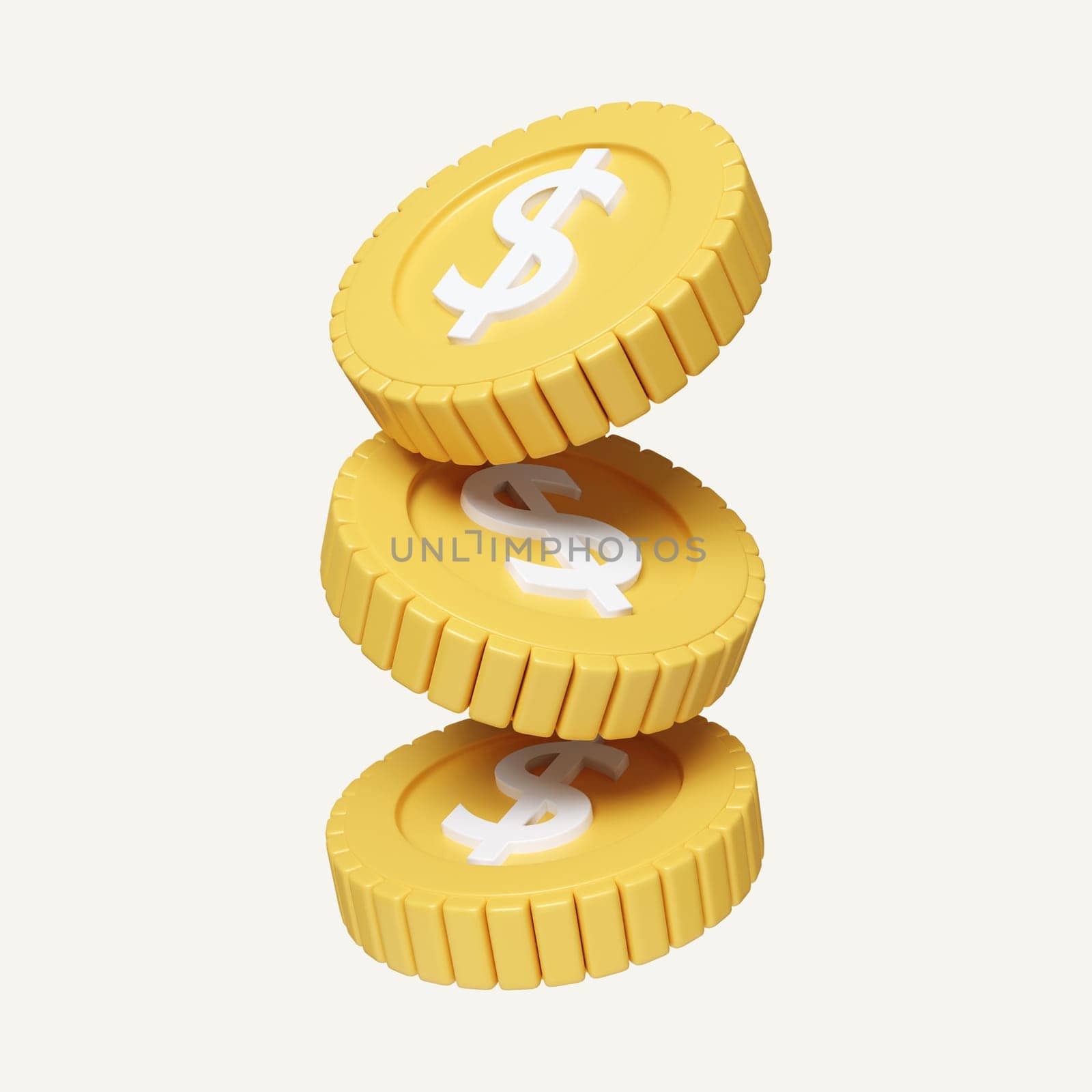 Money dollar stacks and Floating, coins Business investment, growth calculate Finance saving concept. icon isolated on white background. 3d rendering illustration. Clipping path..