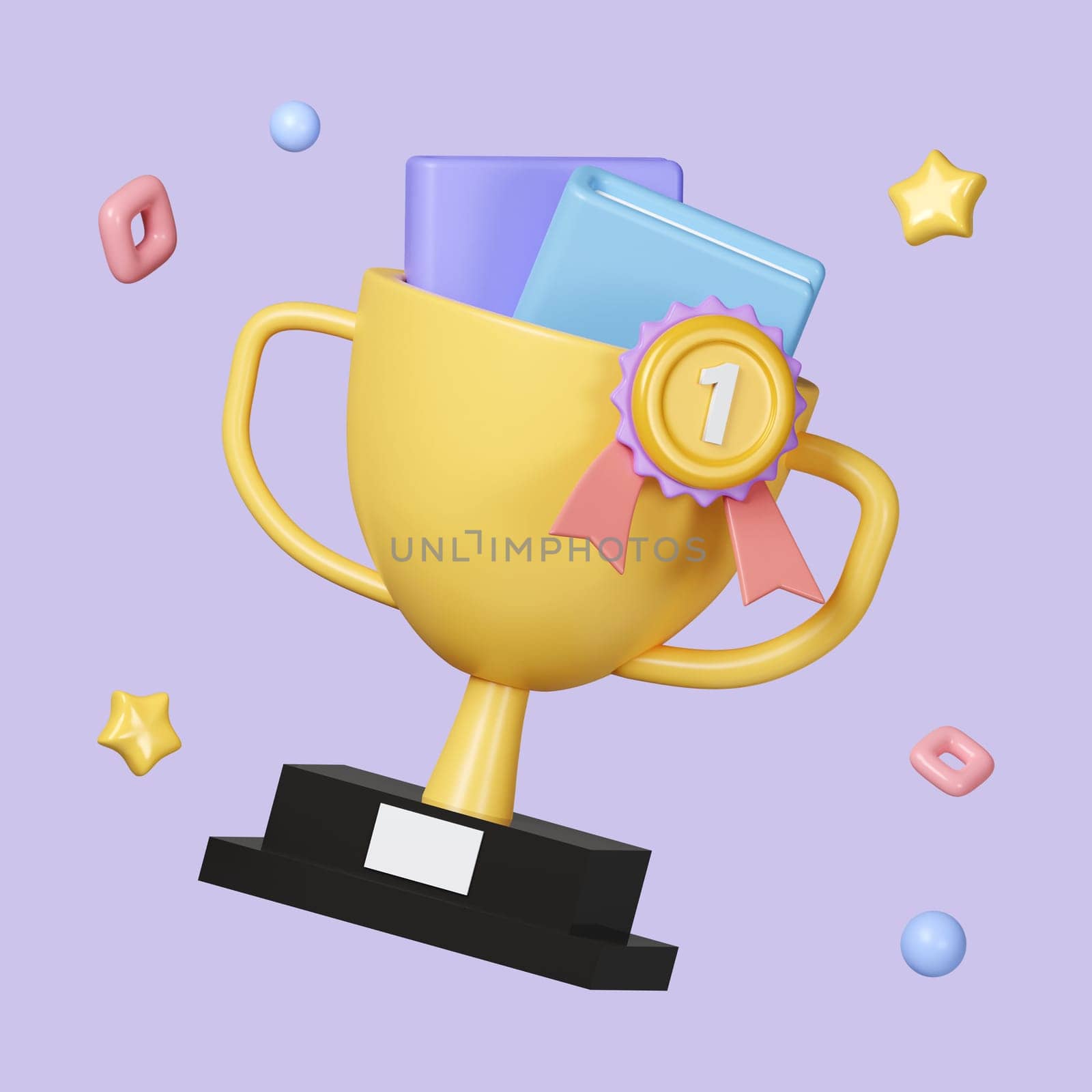 3D School achievement with prize winner and golden cup and book isolated on pastel background. icon symbol clipping path. education. 3d render illustration by meepiangraphic