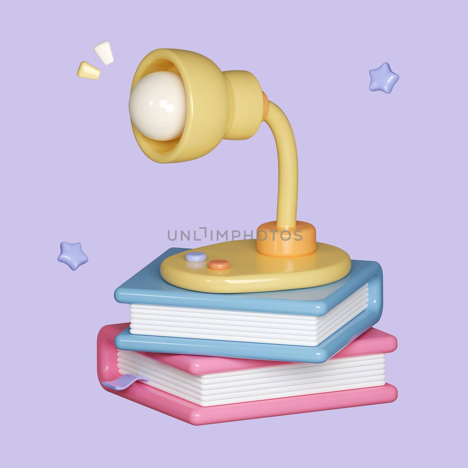 3D books stack with table lamp isolated on pastel background. icon symbol clipping path. education. 3d render illustration.