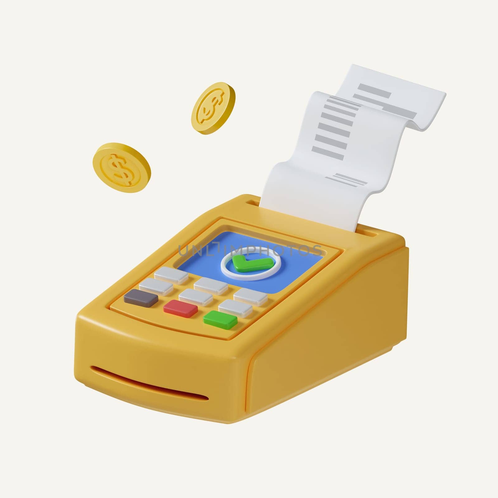 yellow payment machine or pos terminal, electronic bill payment and credit card with invoice or paper check receipt, coin isolated on white background. 3d illustration or 3d render.